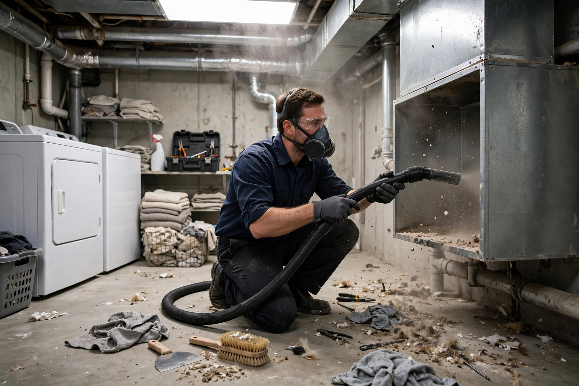 A technician checking a furnace filter and blower compartment