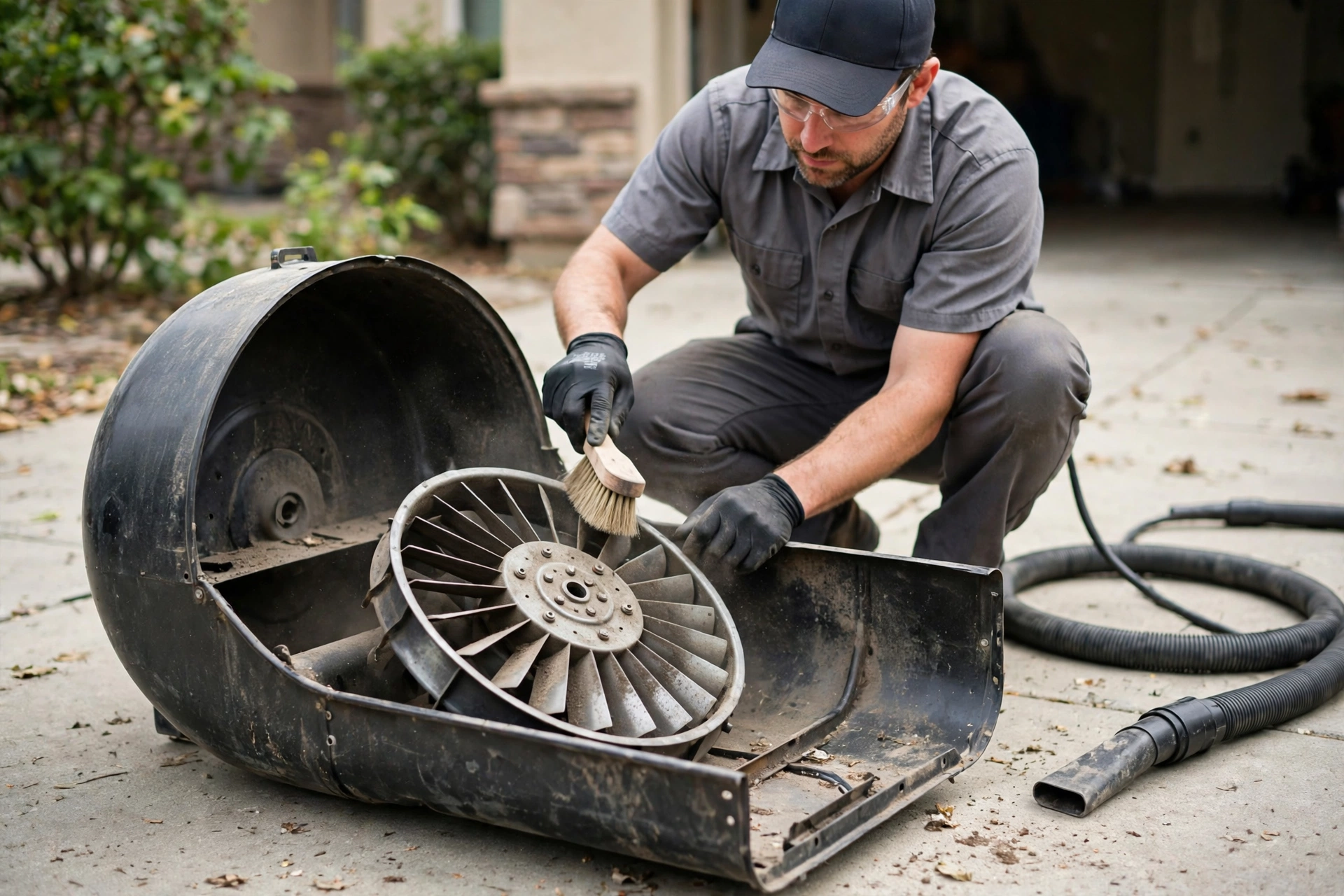 A technician removing a dusty blower fan wheel for cleaning and inspection