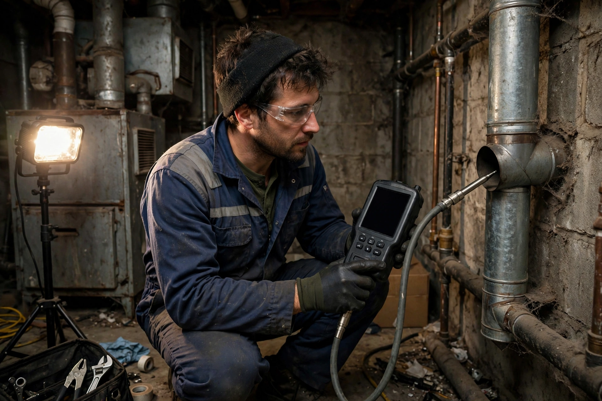 Technician inspecting a heat exchanger inside a furnace