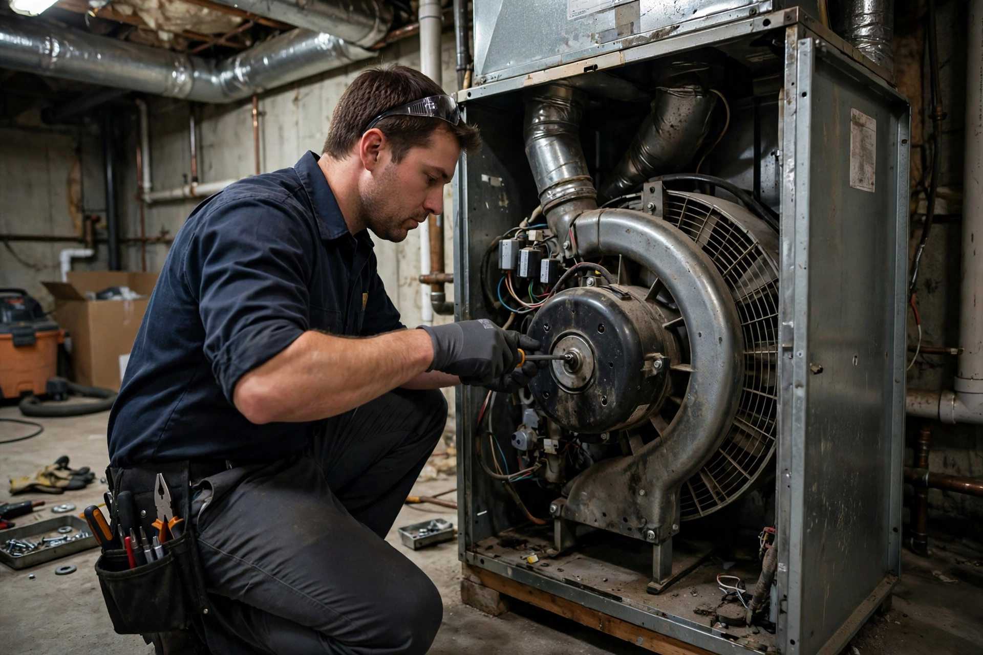 A furnace blower motor removed for inspection