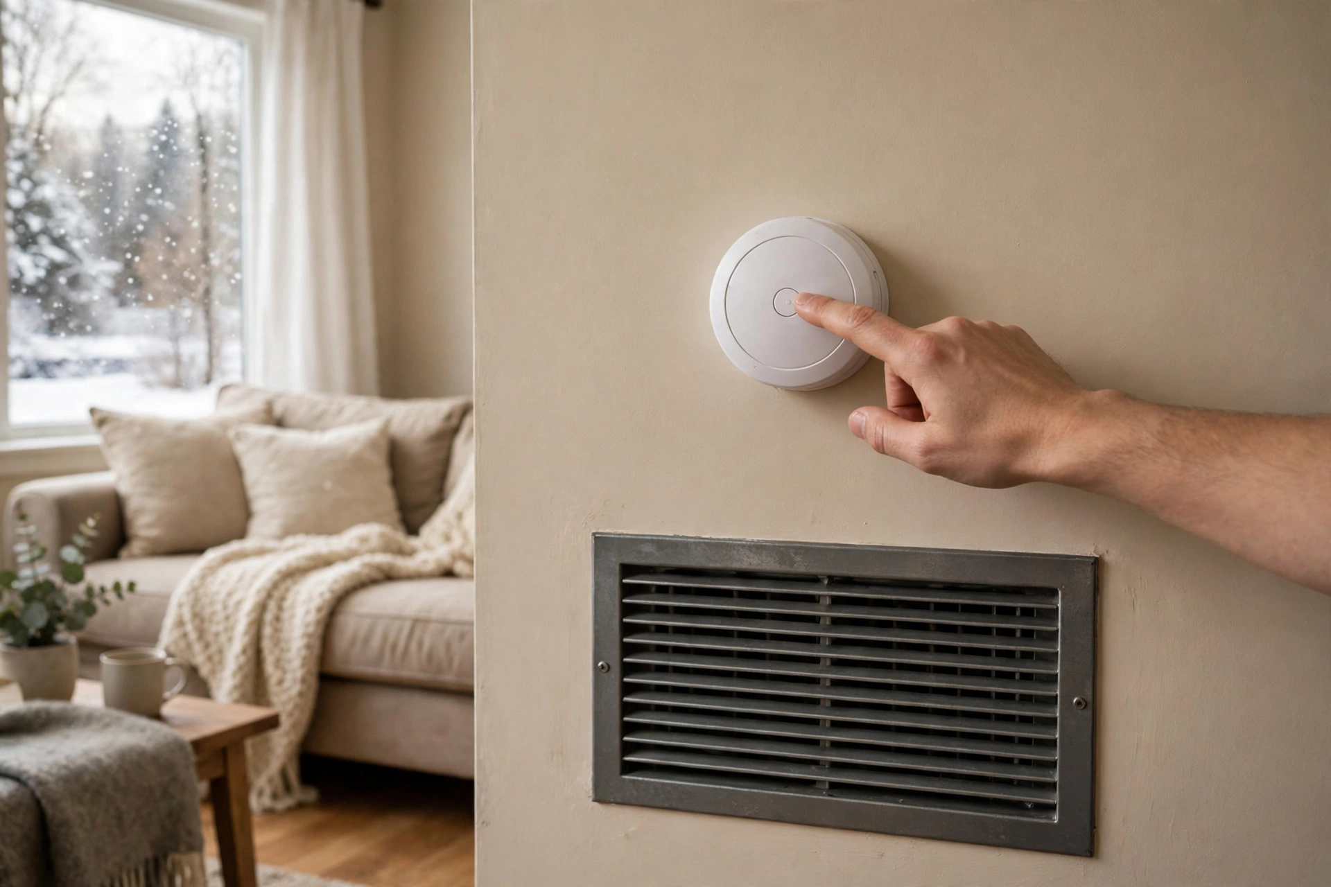 A carbon monoxide alarm mounted on a hallway wall