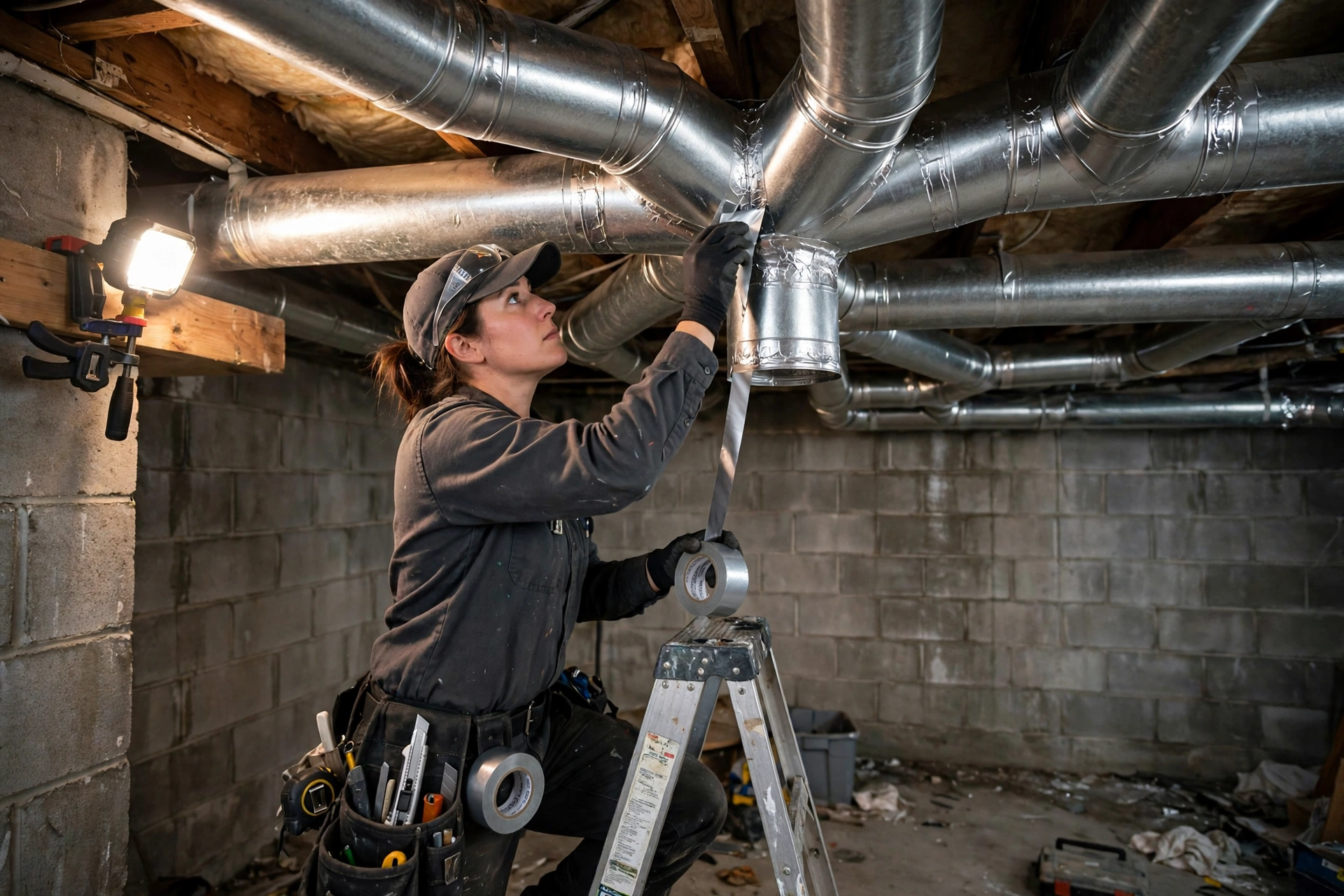 Exposed ductwork running across a basement ceiling