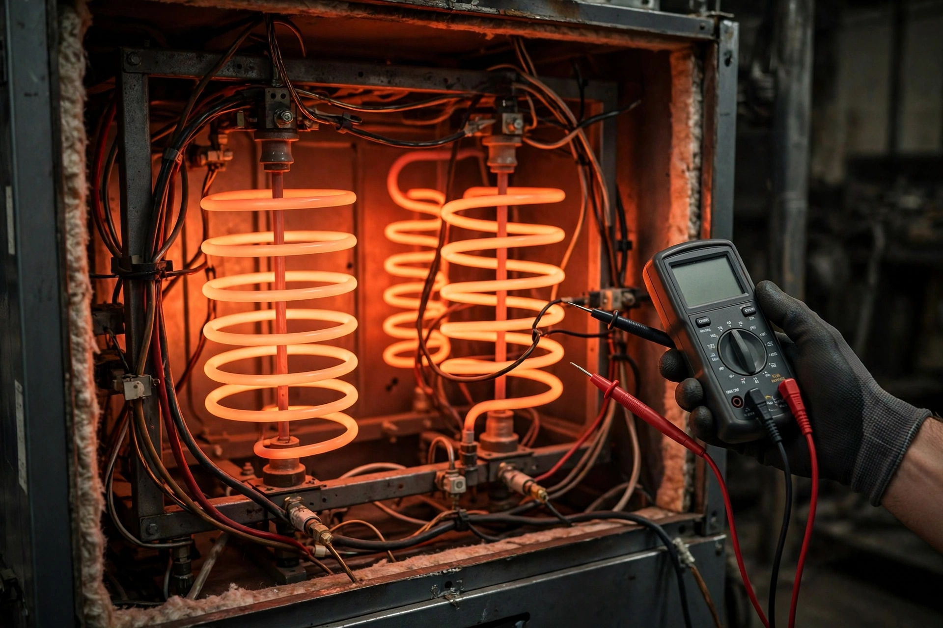 An electric furnace with its panel open showing heating elements