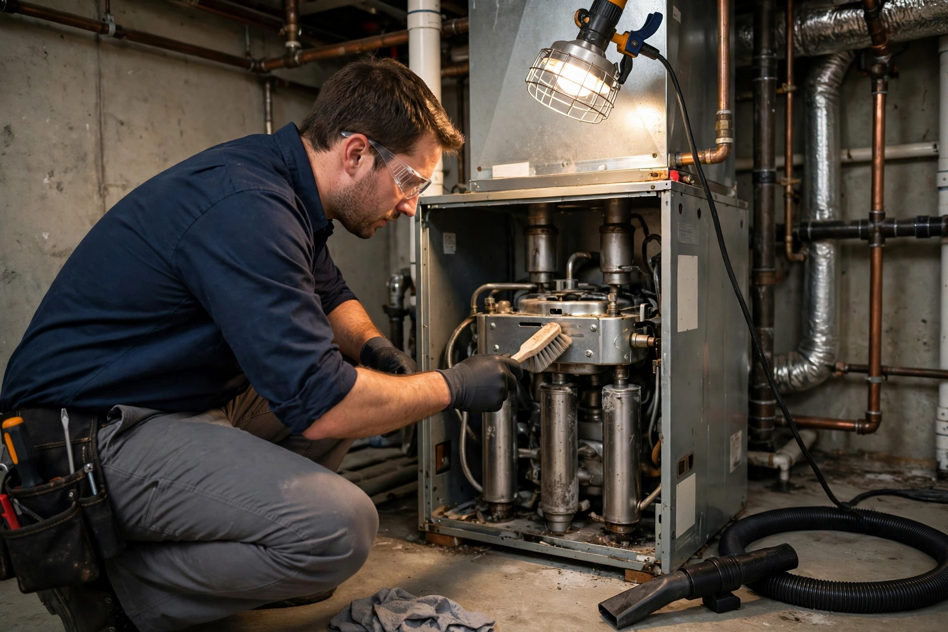 A technician performing a furnace tune-up with tools laid out