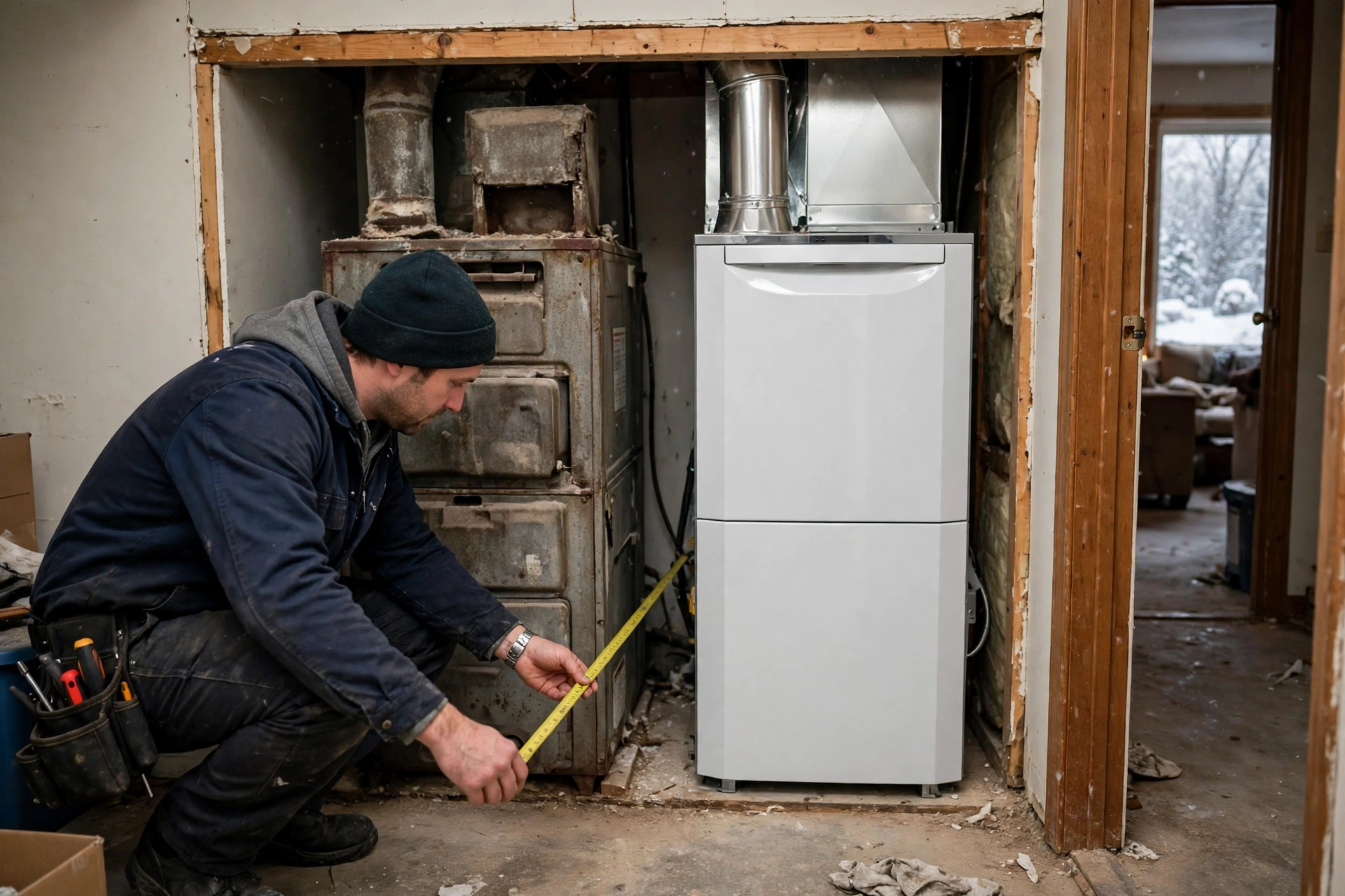 A technician measuring a room for furnace sizing