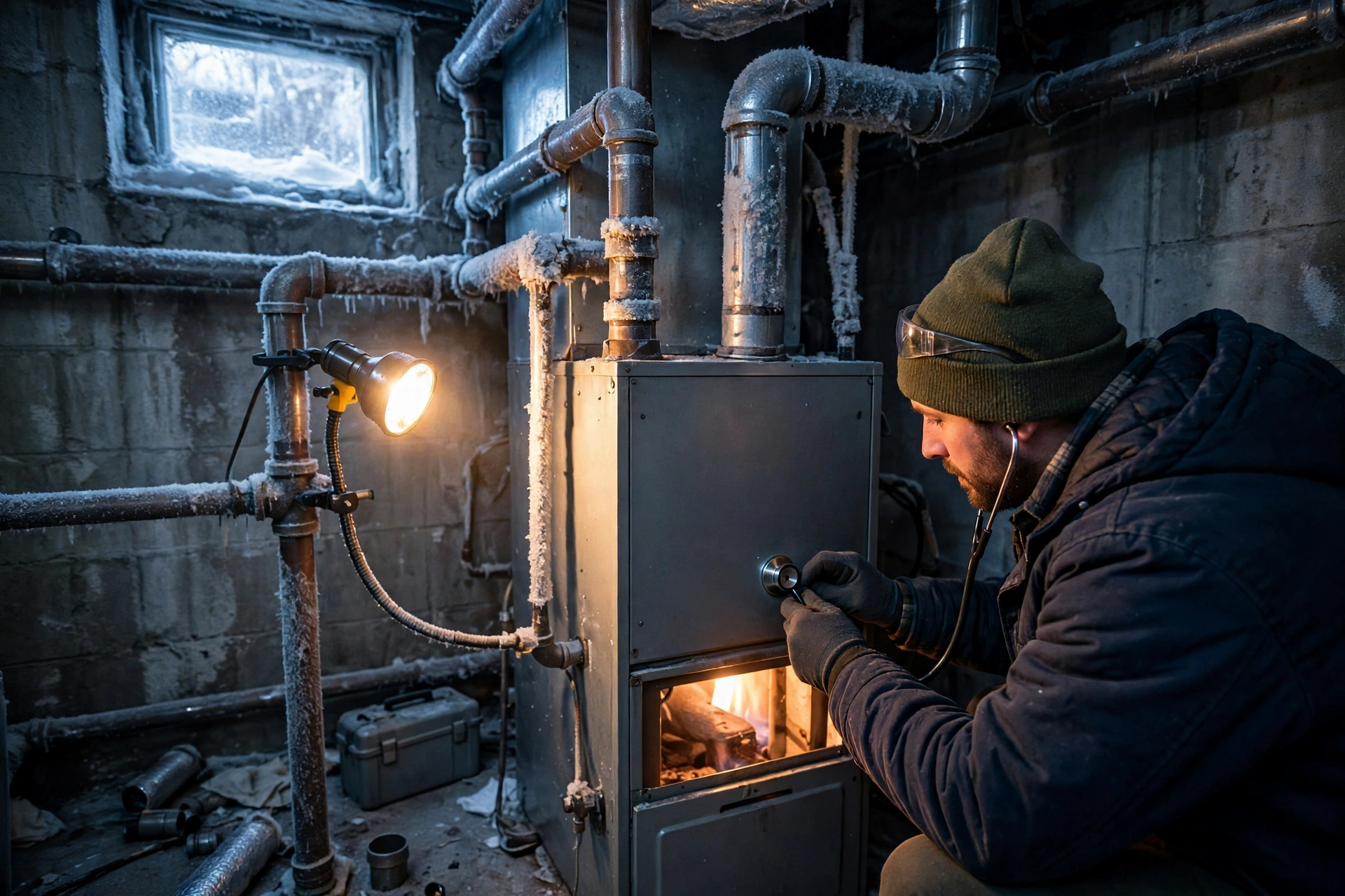 A furnace running hard in a basement during winter