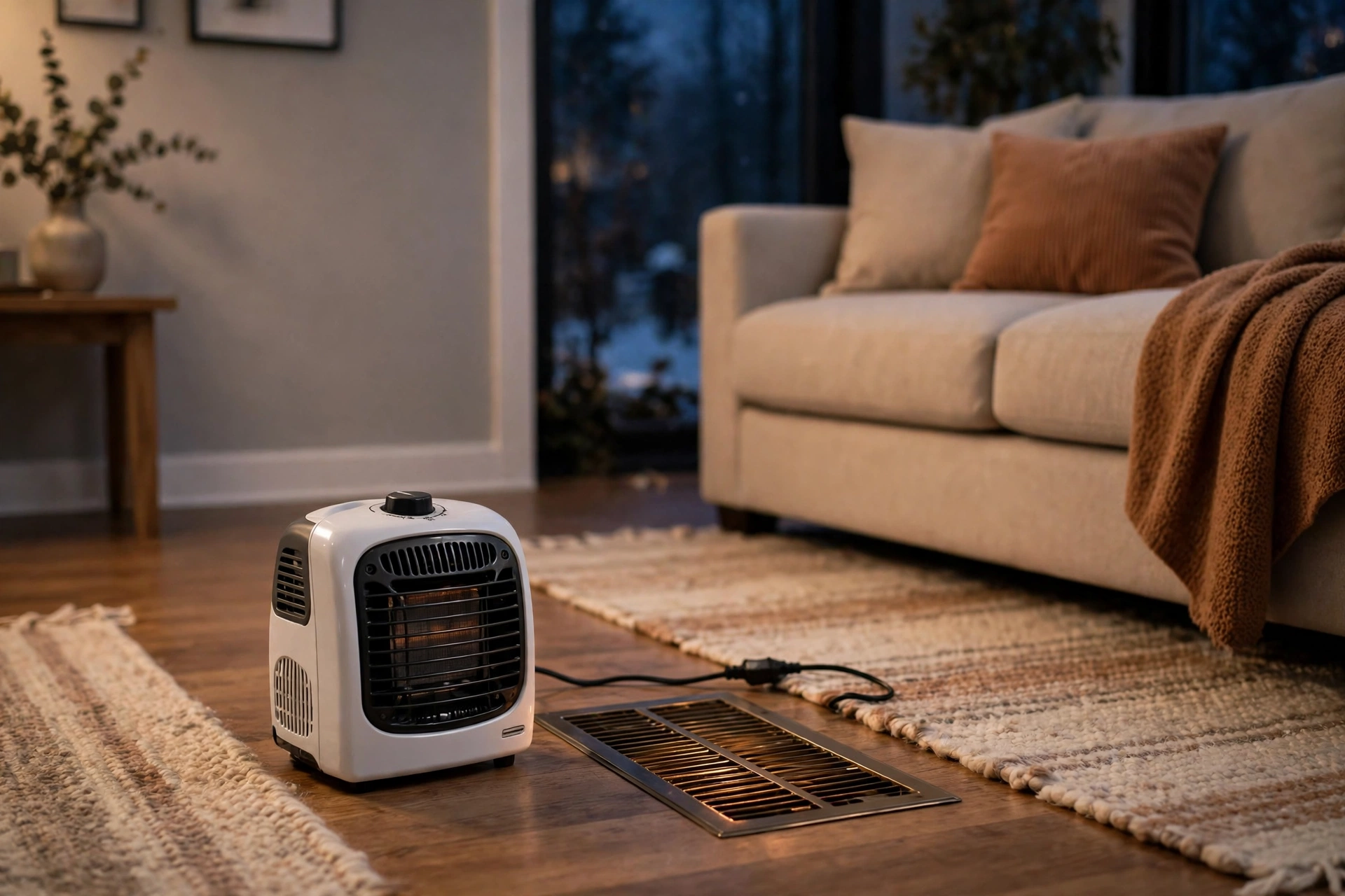 A small space heater in a cold living room