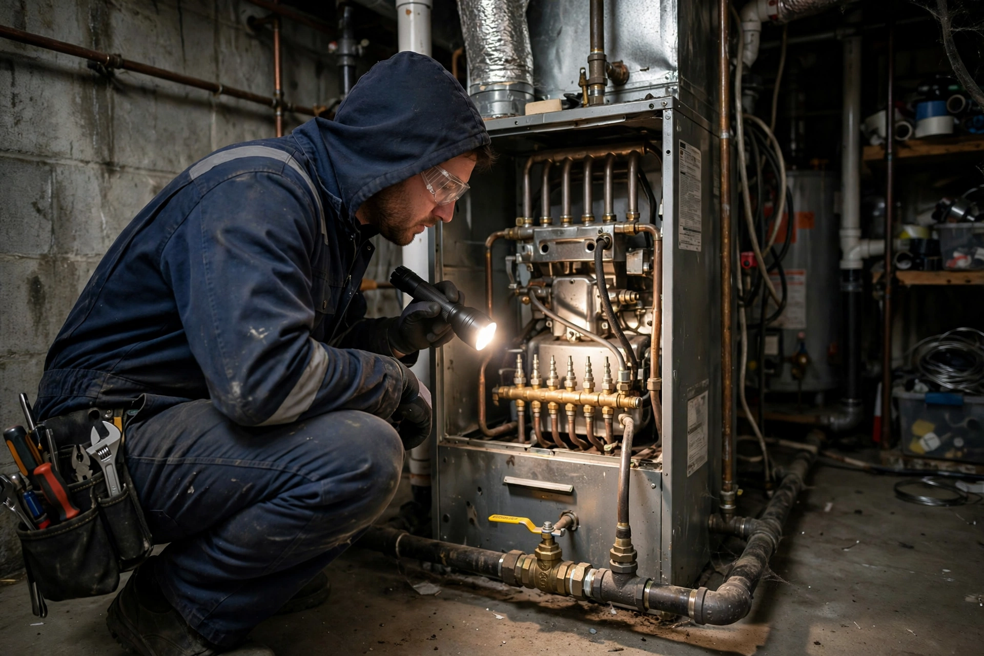 A technician servicing a gas furnace burner assembly