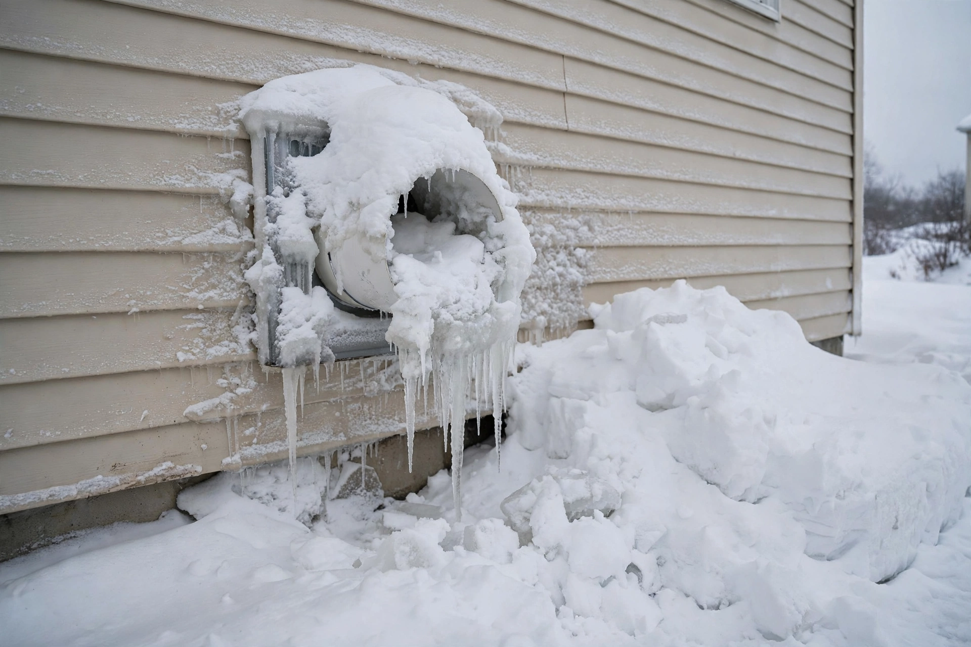 A frosted furnace vent pipe outside a home