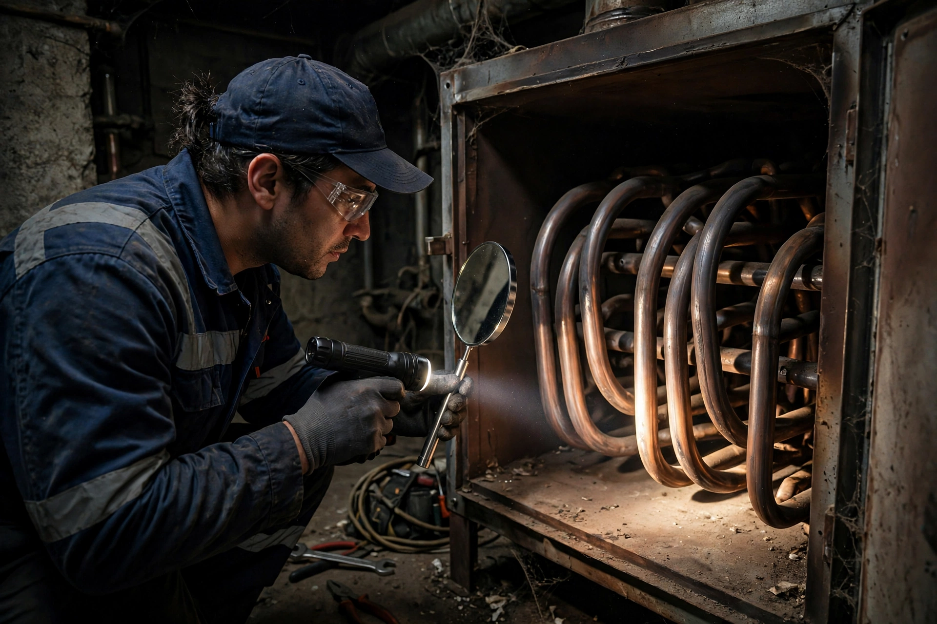 A technician inspecting a furnace heat exchanger