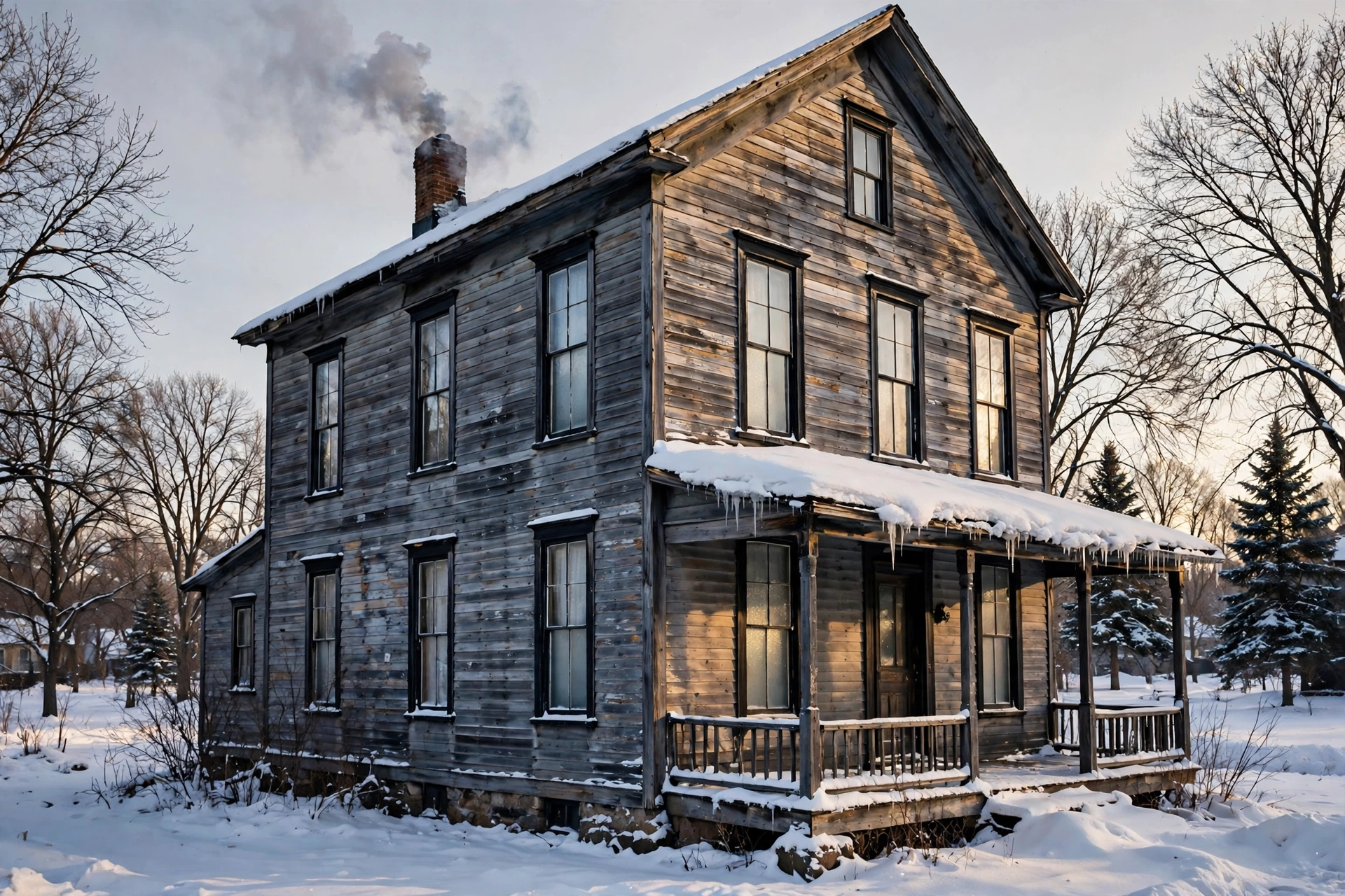 An older St. Cloud home in winter with snow on the roof