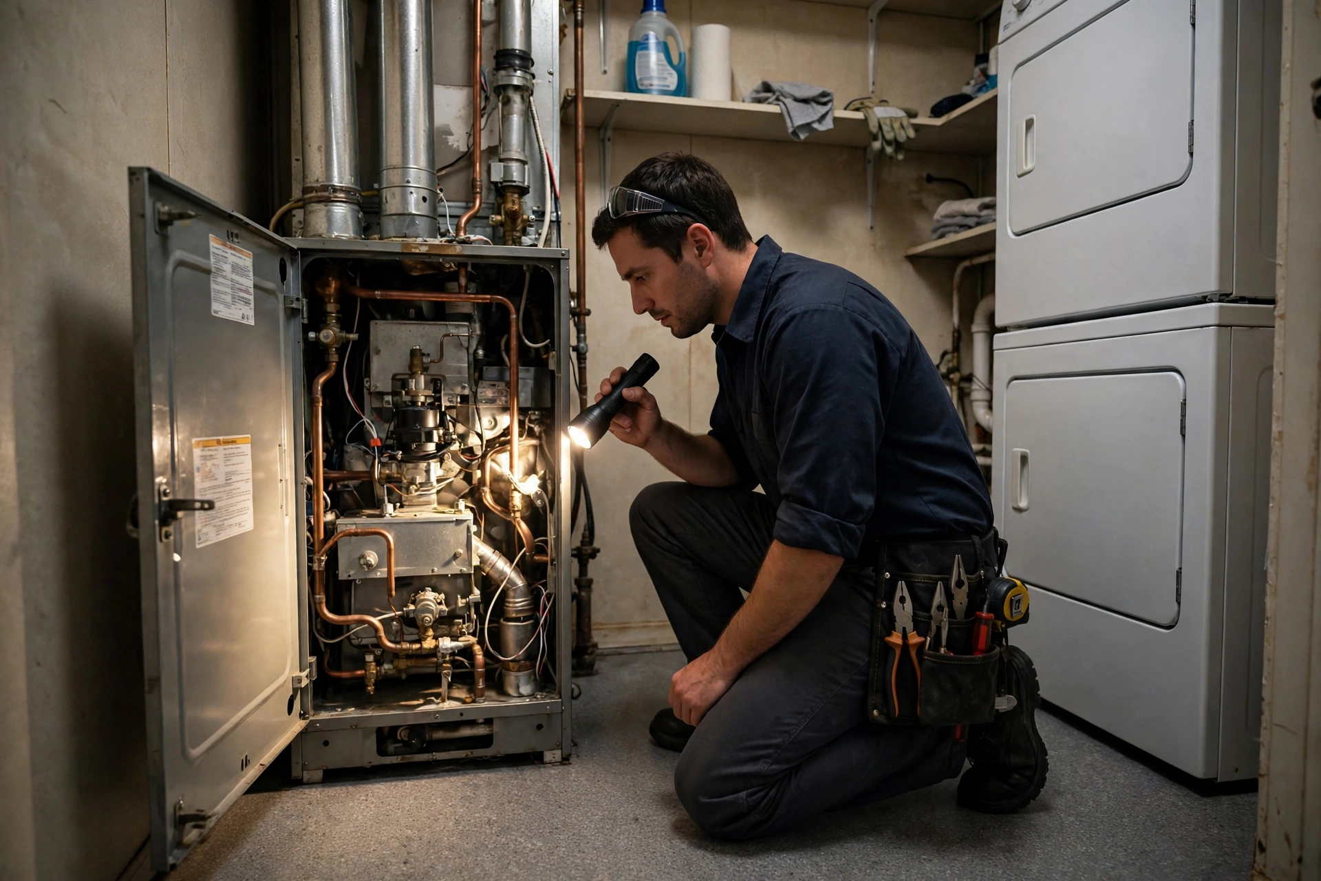 A compact furnace in a manufactured home utility closet