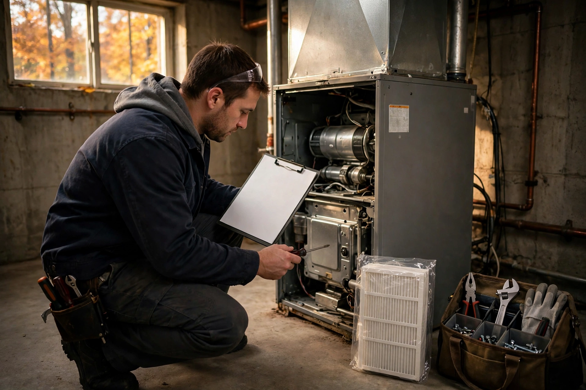 A technician performing an October furnace tune-up