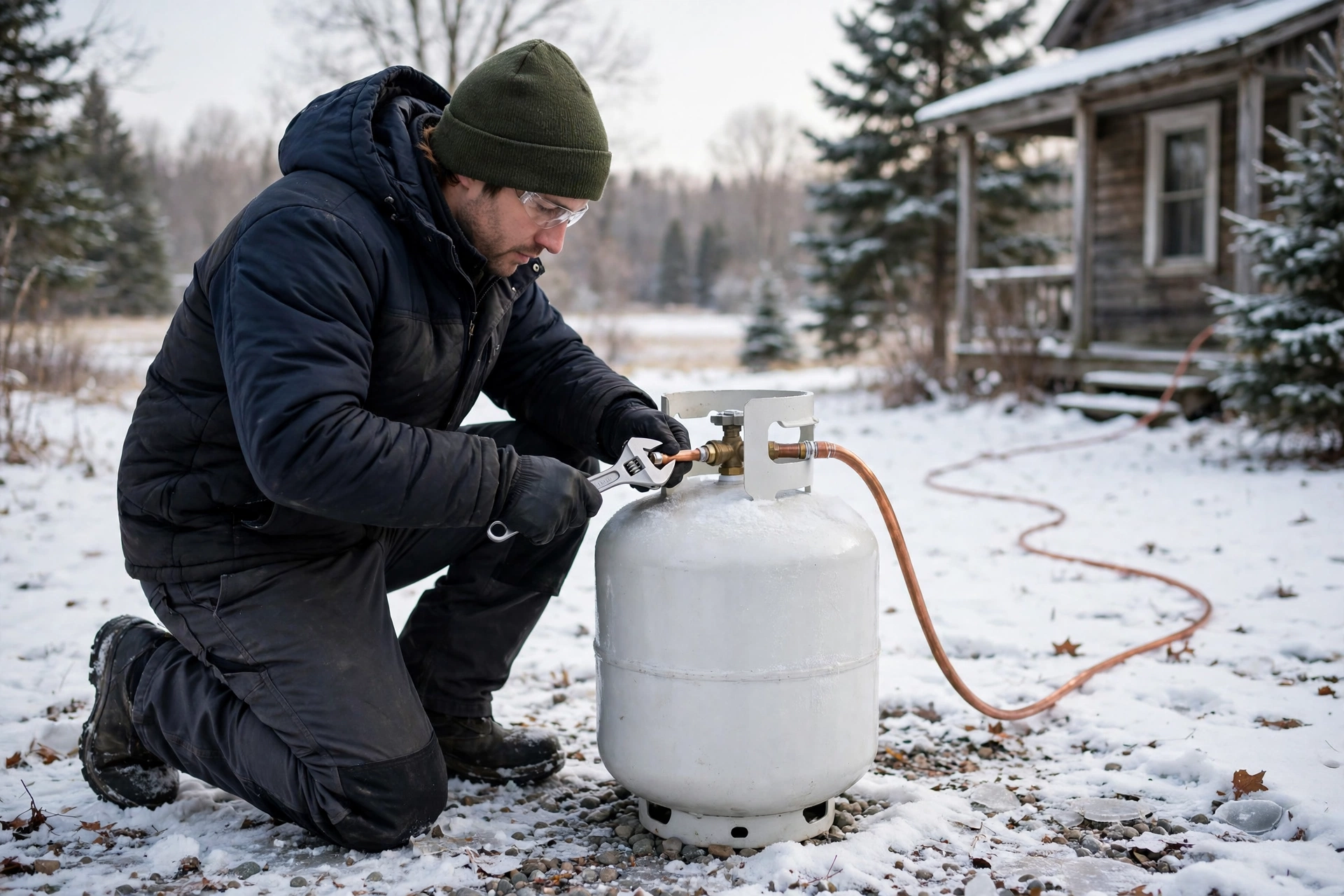 A propane tank beside a rural home in winter