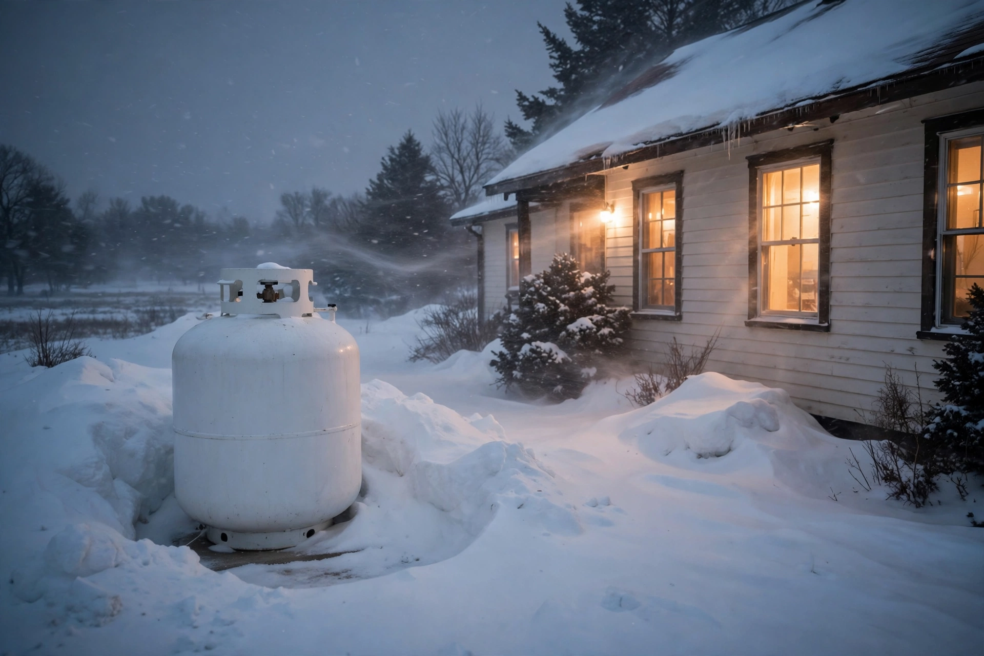 A propane tank in a snowy rural yard