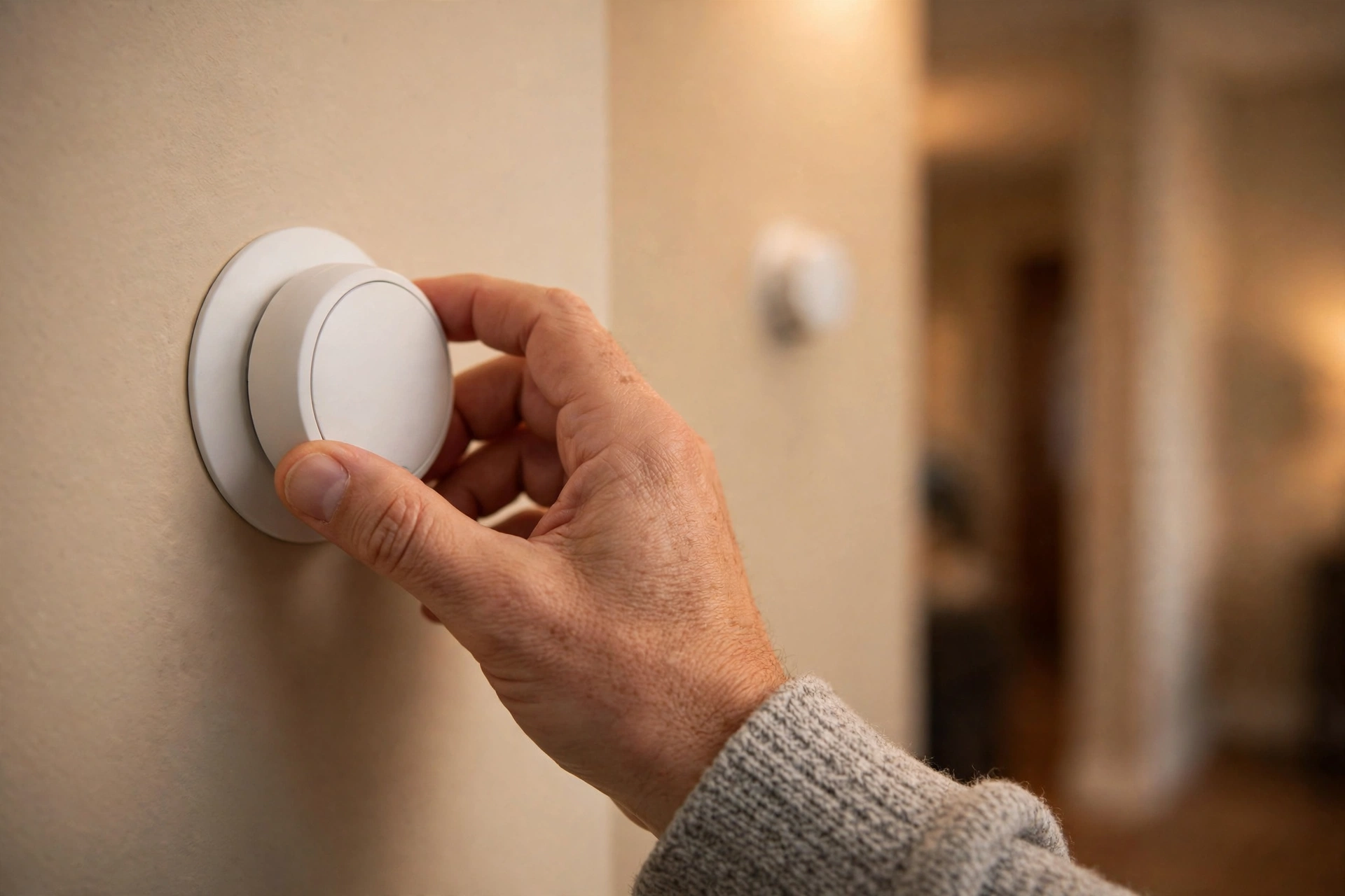 A modern thermostat mounted on a living room wall