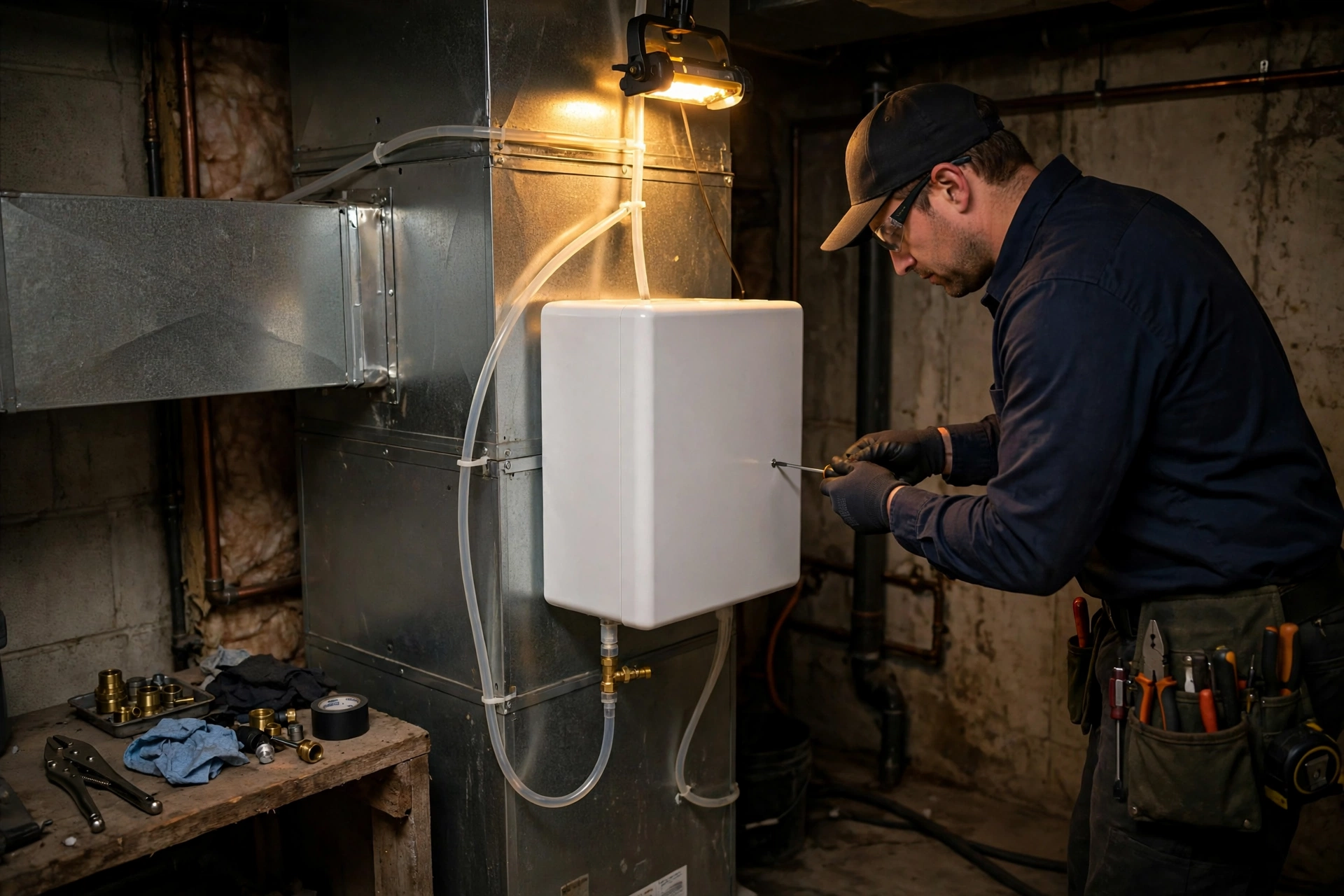 A whole-home humidifier attached to furnace ductwork