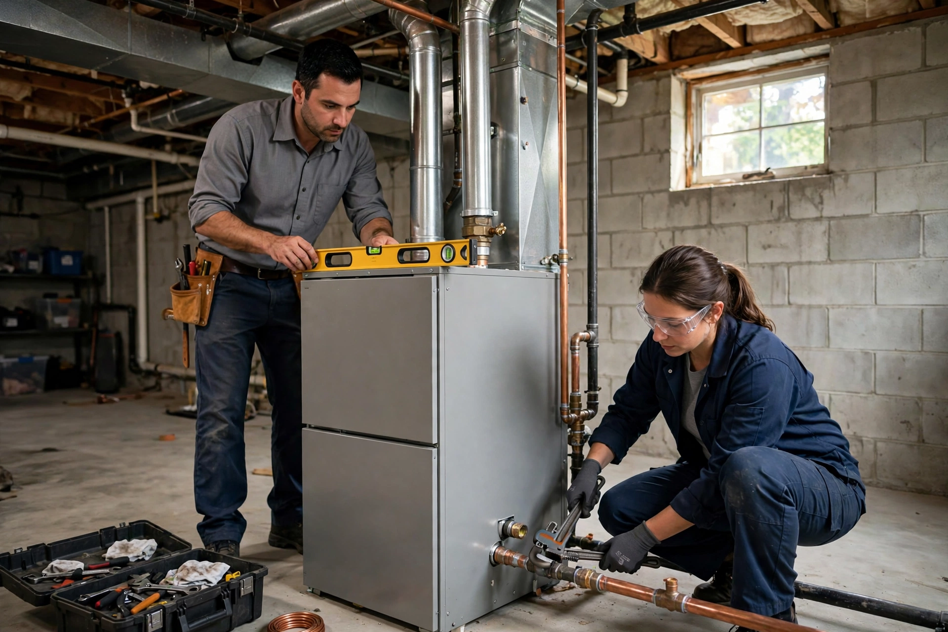 A technician servicing a furnace in a home near the highway corridor