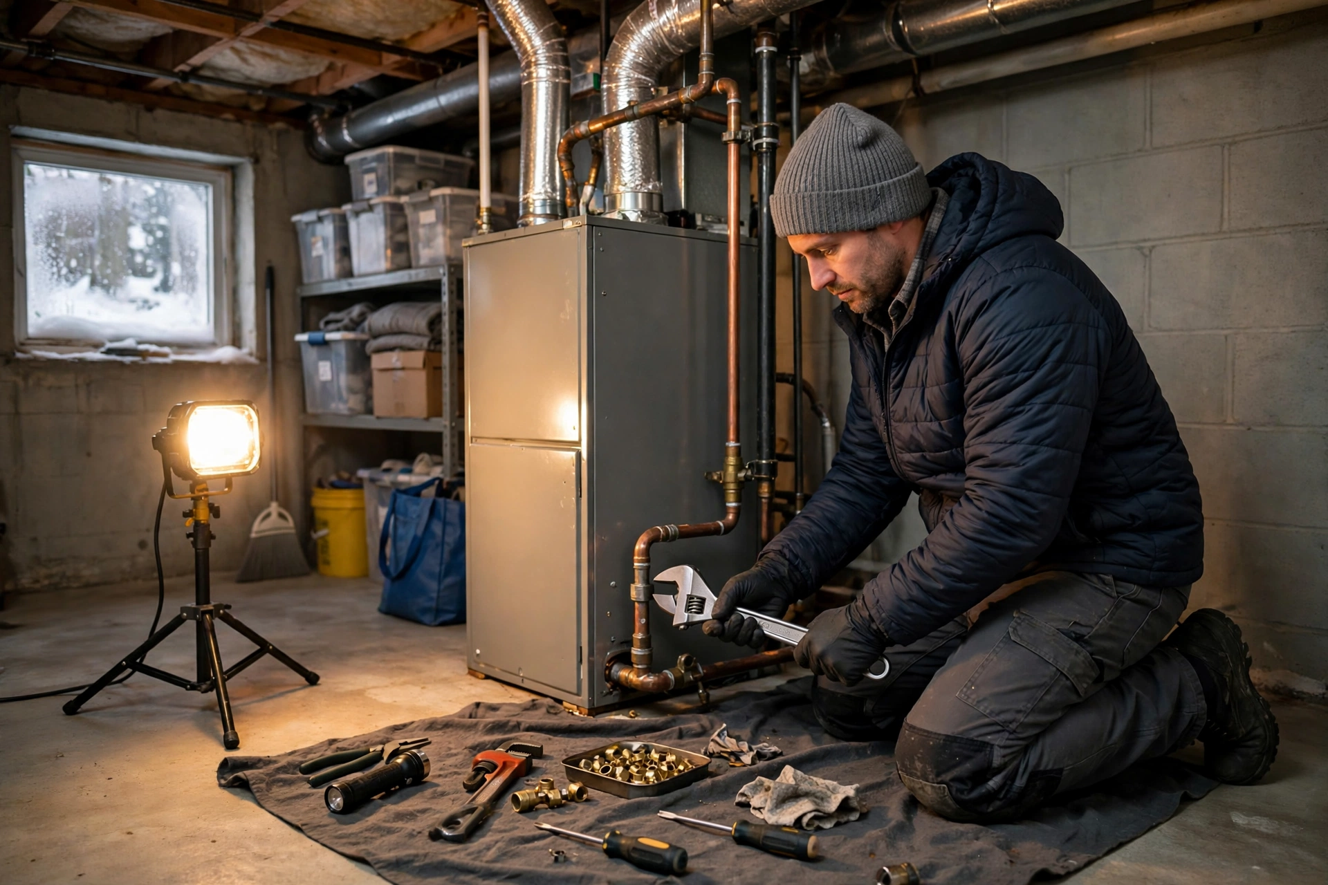 A technician checking a furnace near a lakeside home utility room