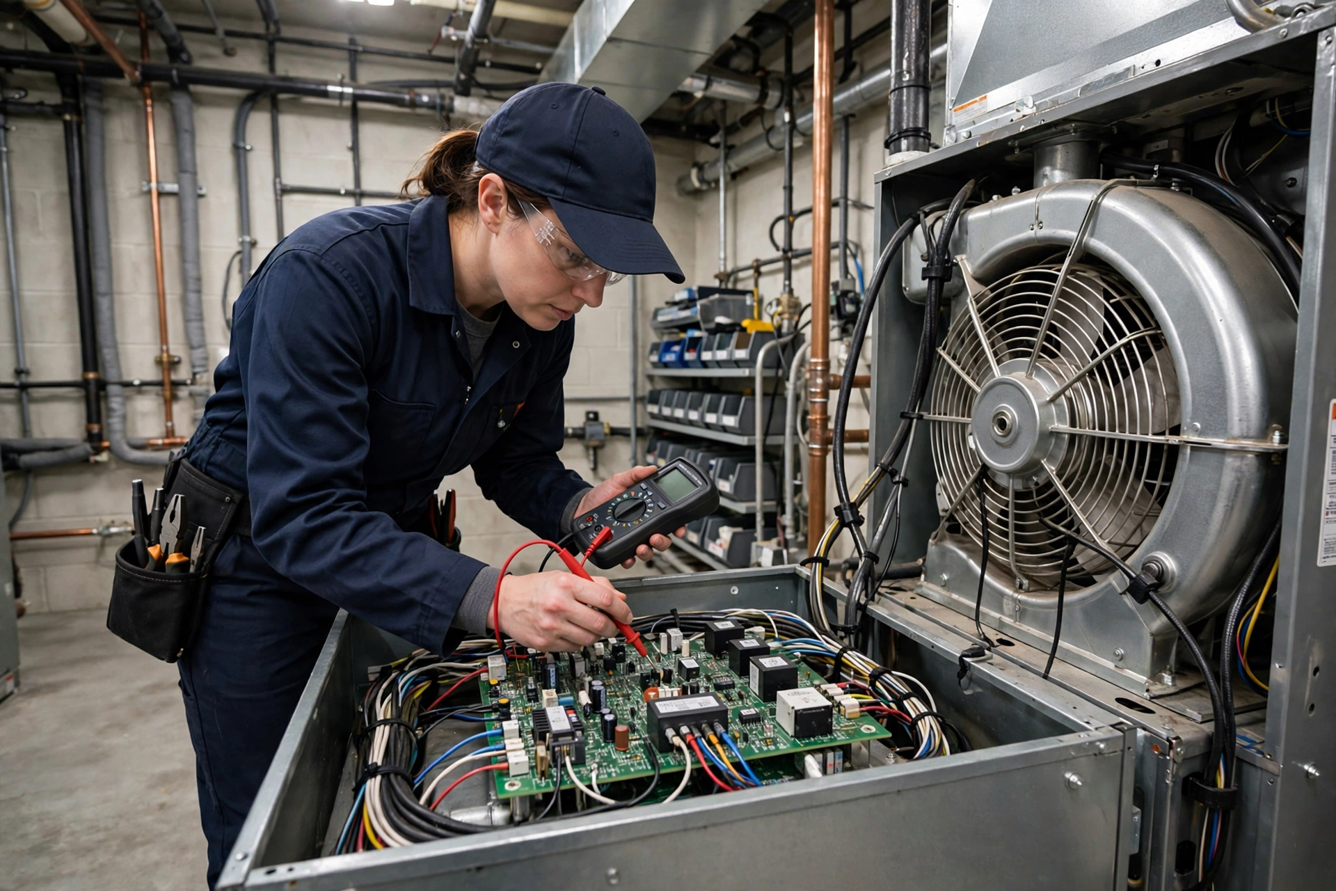 A technician inspecting a furnace in a wooded community home
