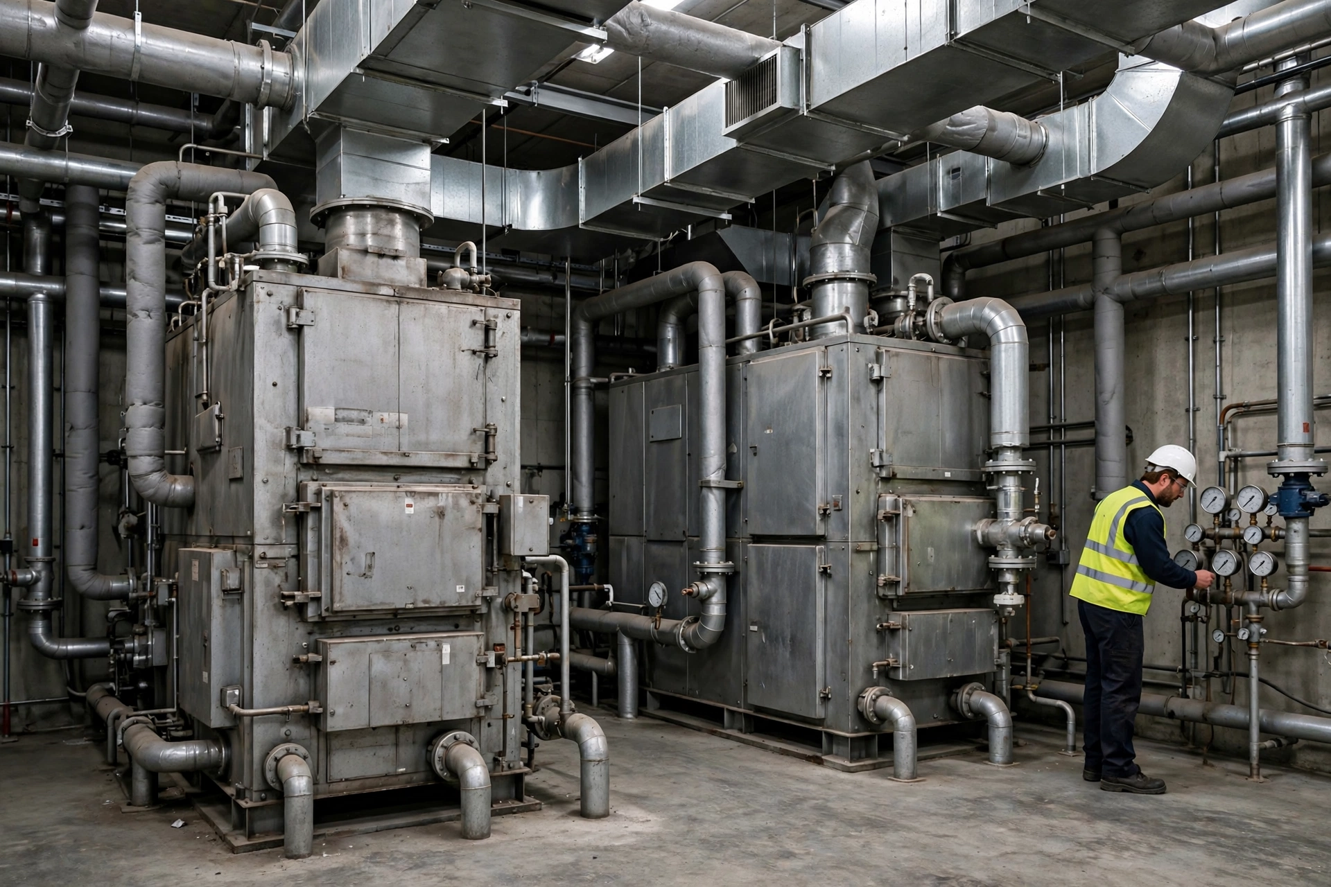 A technician measuring airflow at a commercial supply duct