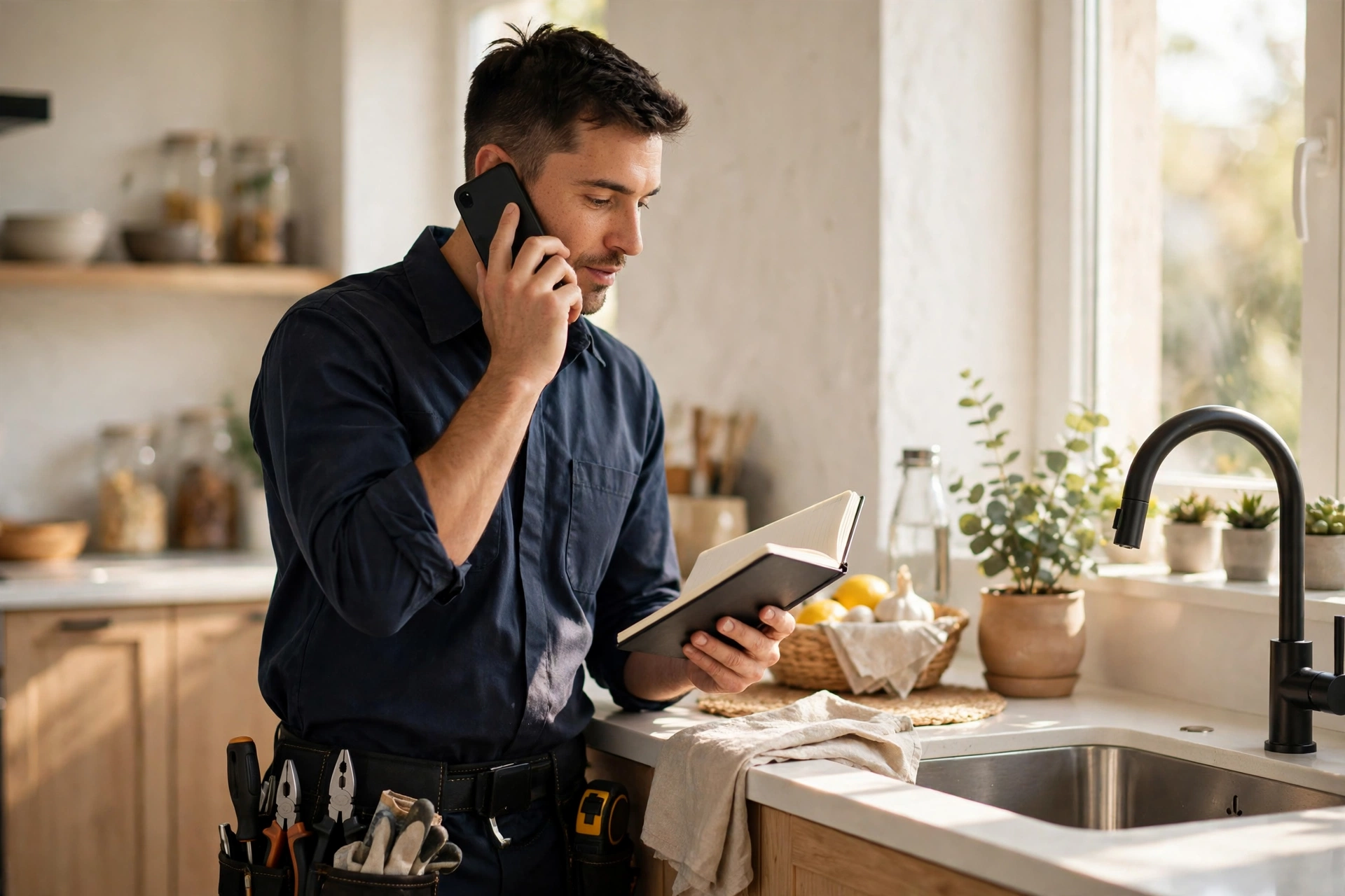A technician talking with a homeowner beside a home furnace