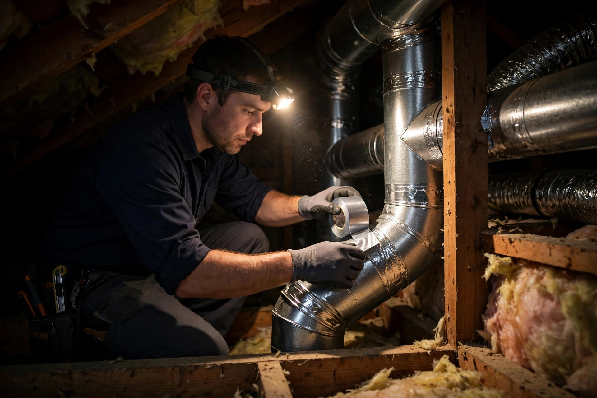A technician sealing a duct joint with mastic in a basement