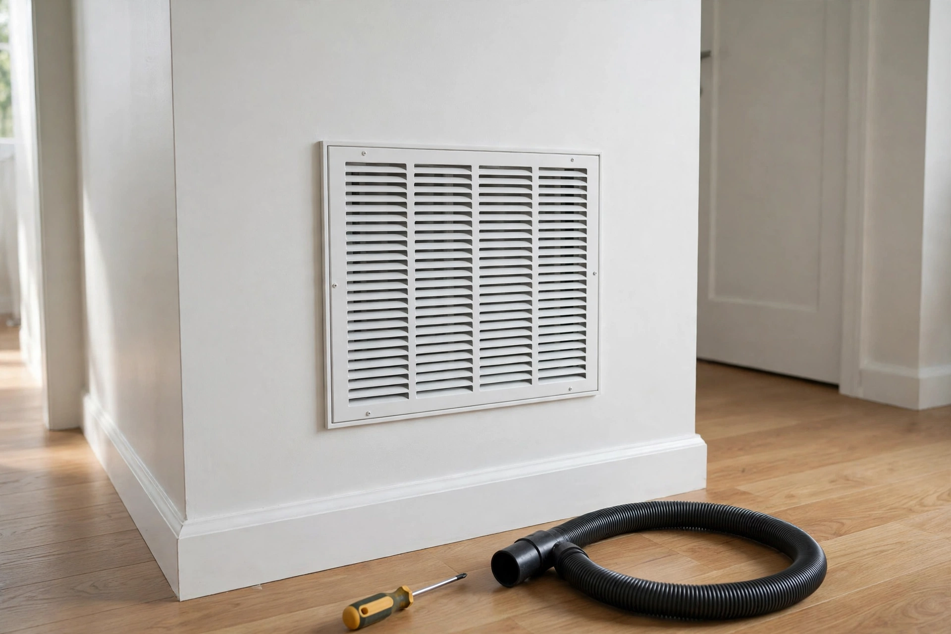 A technician checking a return air grille in a home hallway