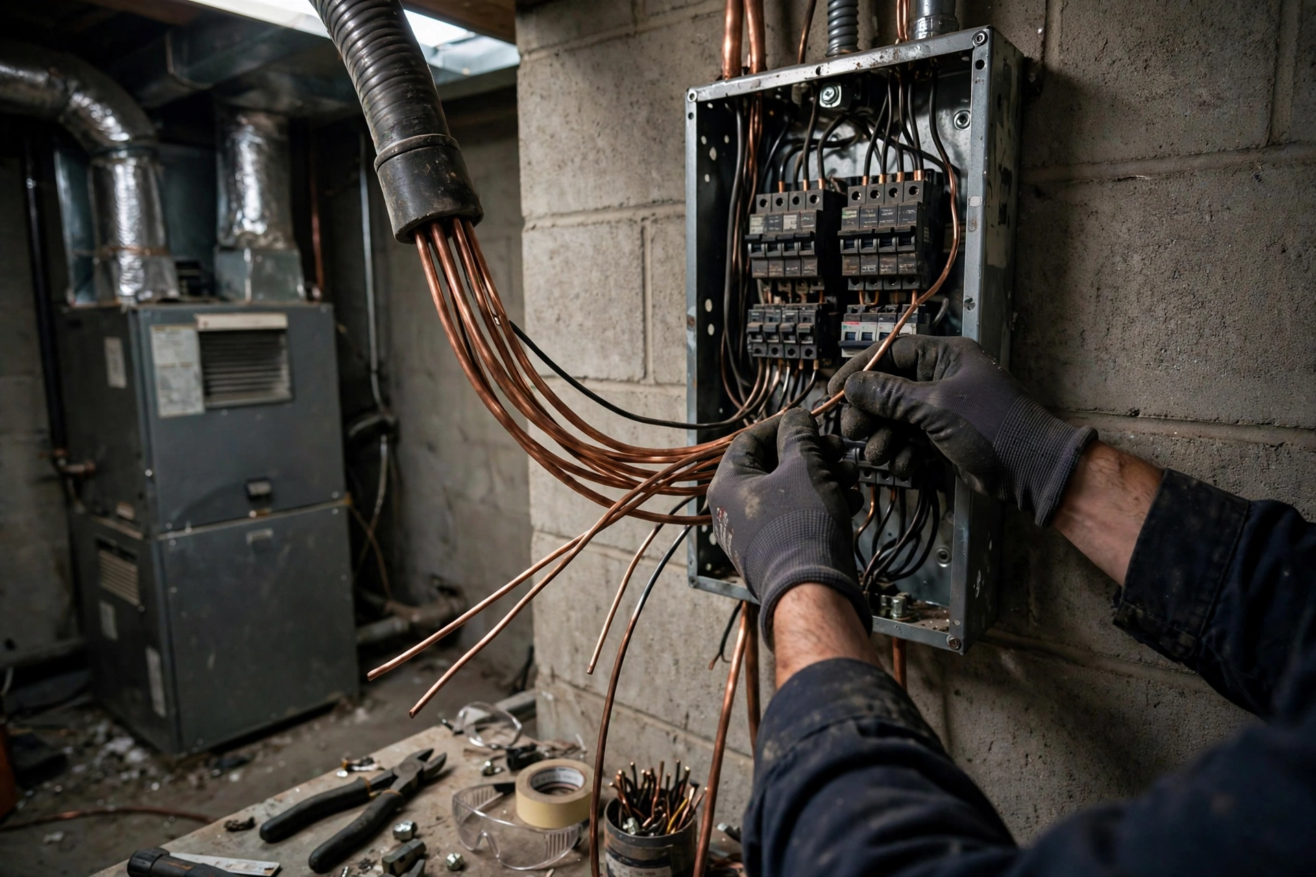 A technician testing electric furnace heating elements with a multimeter