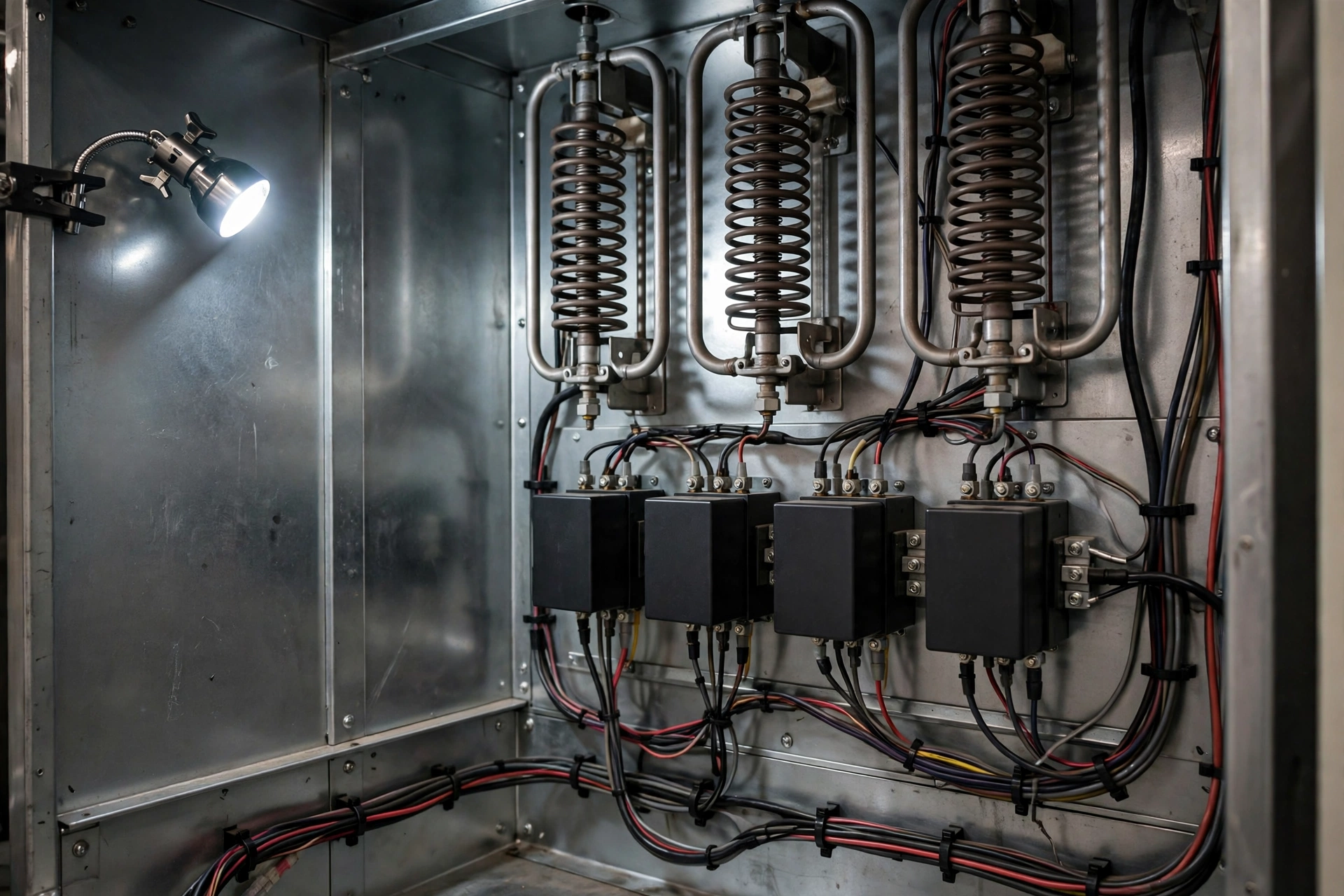 A technician inspecting wiring and breakers inside an electric furnace cabinet