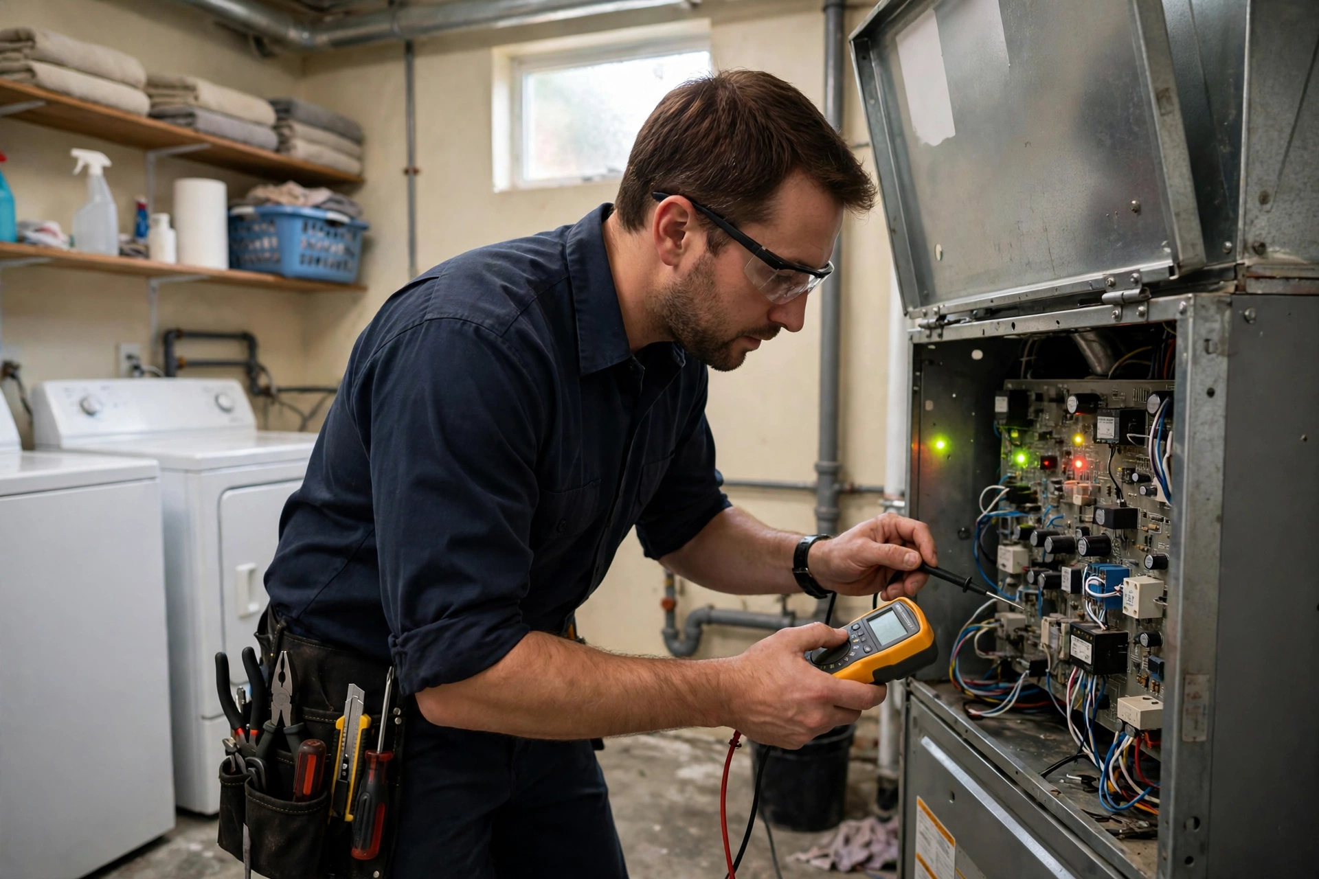 A technician replacing a sequencer control inside an electric furnace