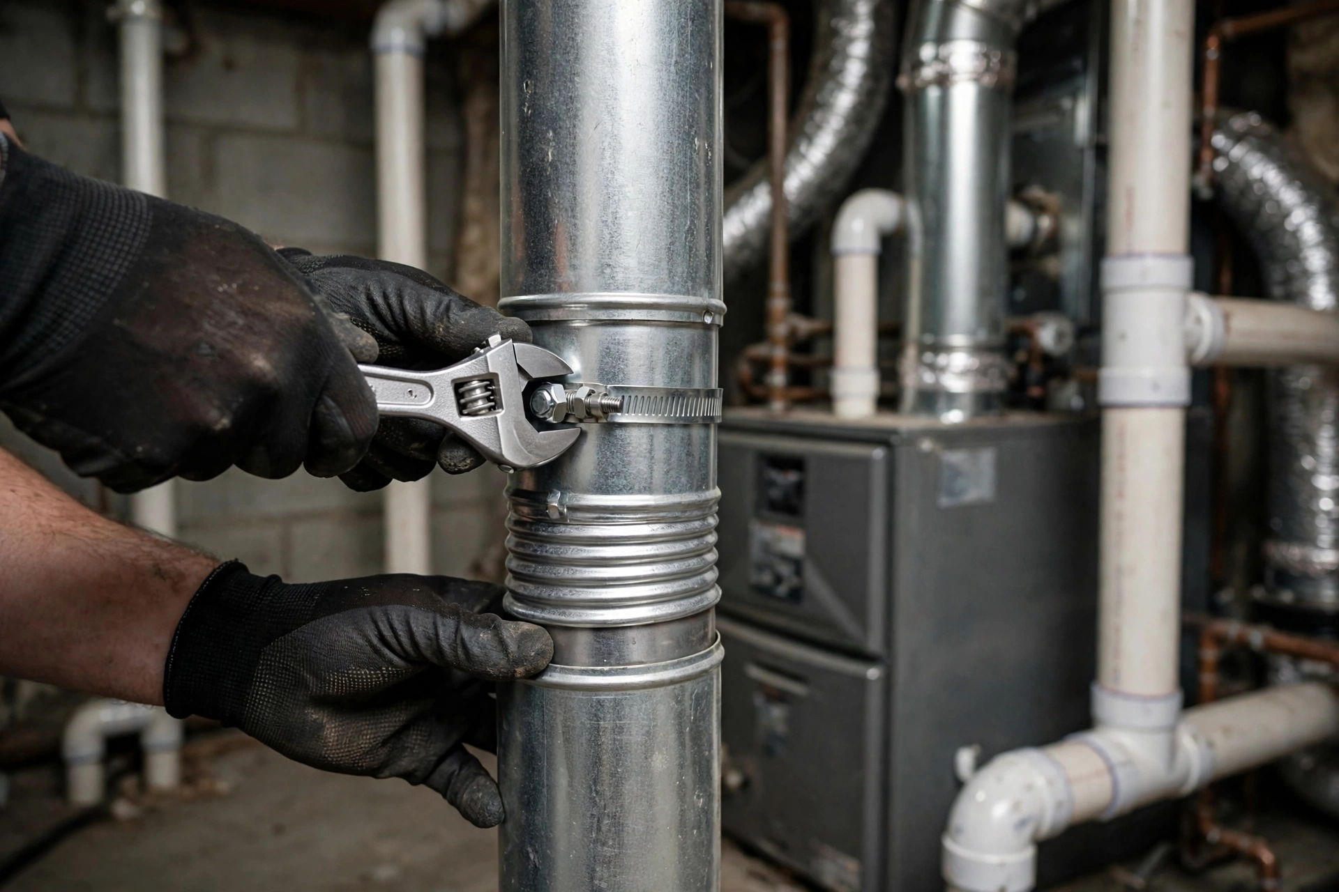 A technician connecting gas piping and venting on a newly fitted furnace