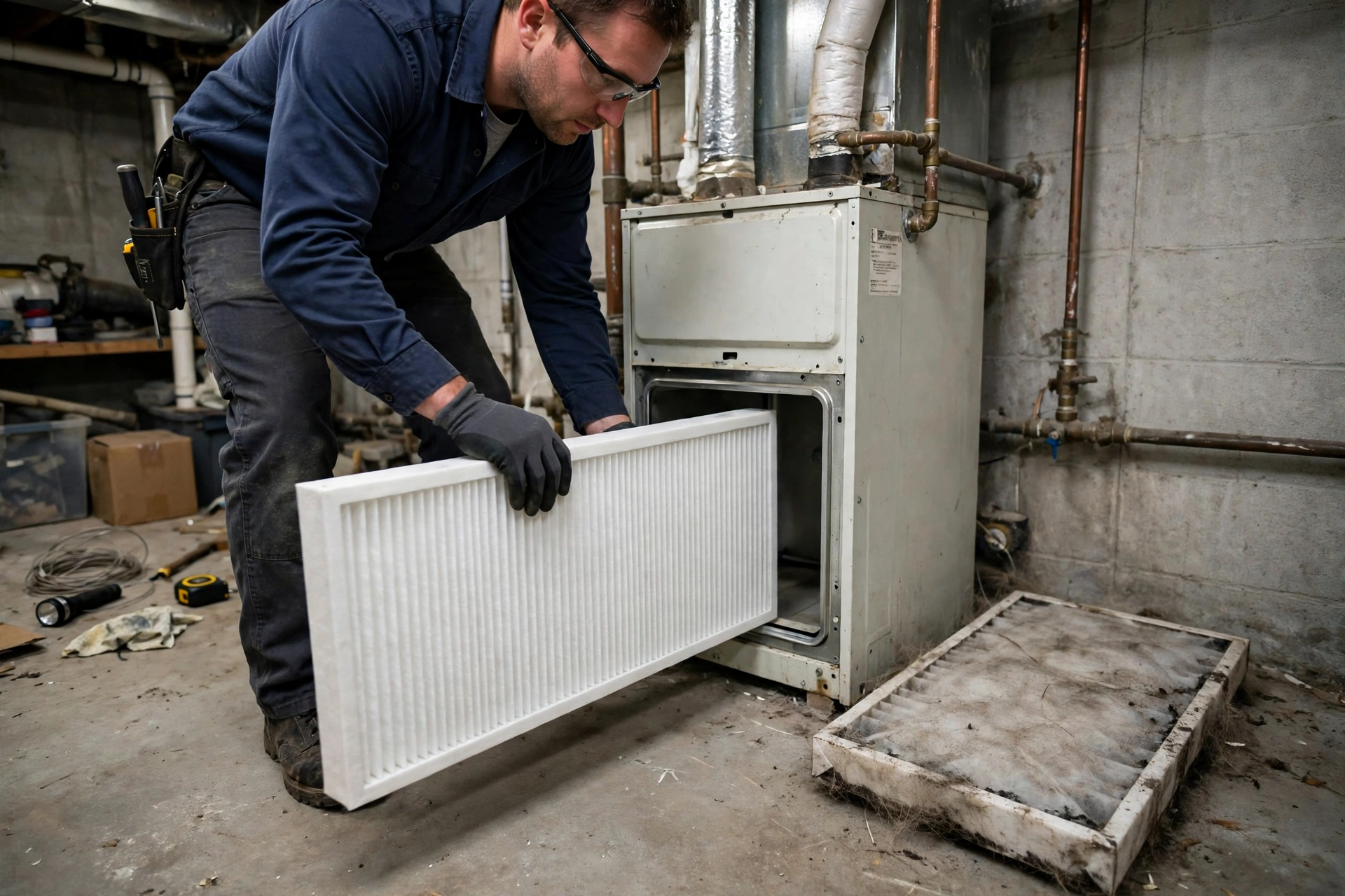 A technician cleaning furnace burners during a tune-up visit