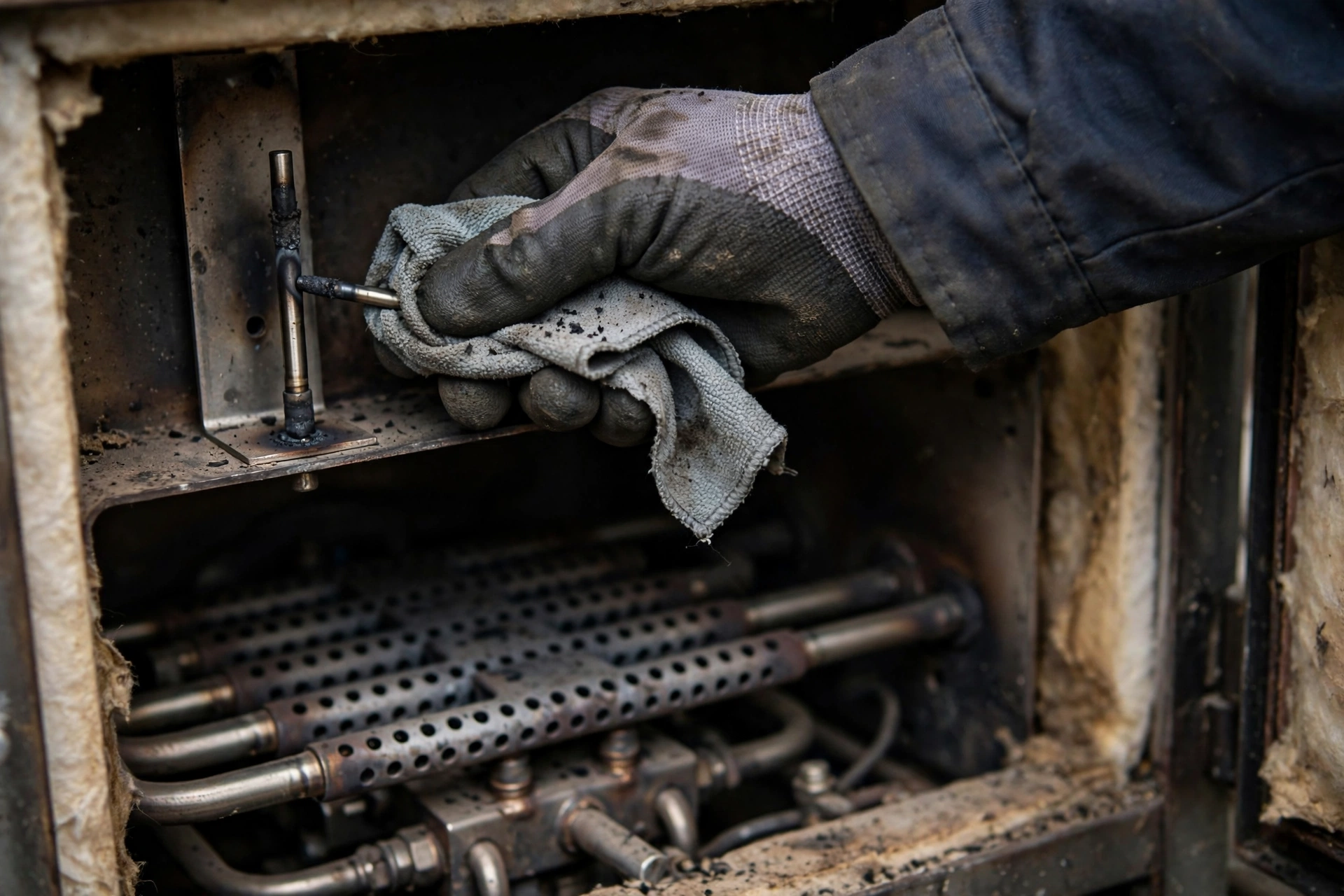 A technician testing carbon monoxide levels during a furnace safety inspection