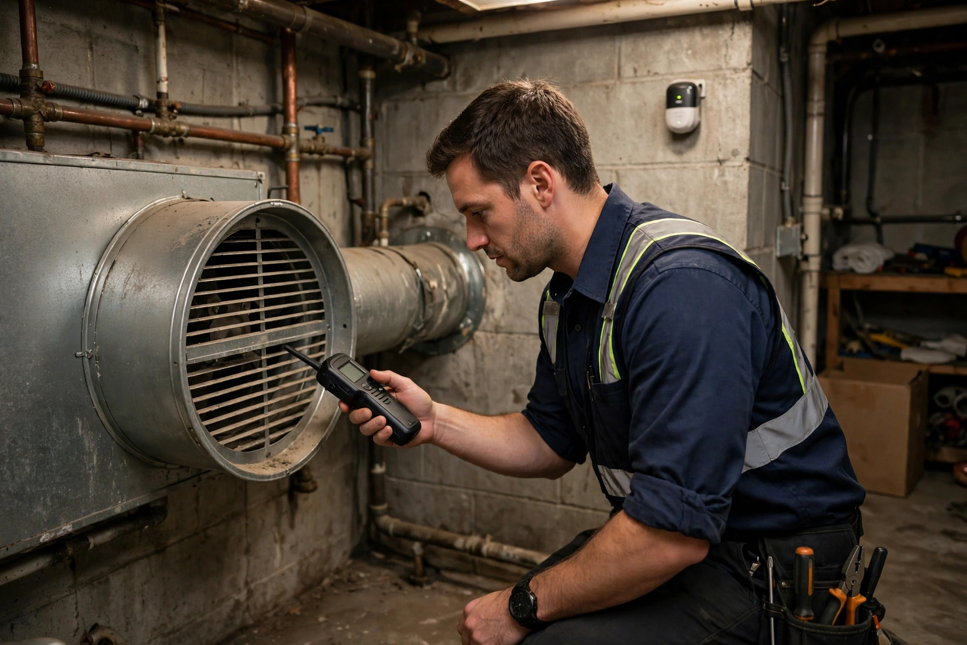 A technician showing a homeowner the furnace filter location