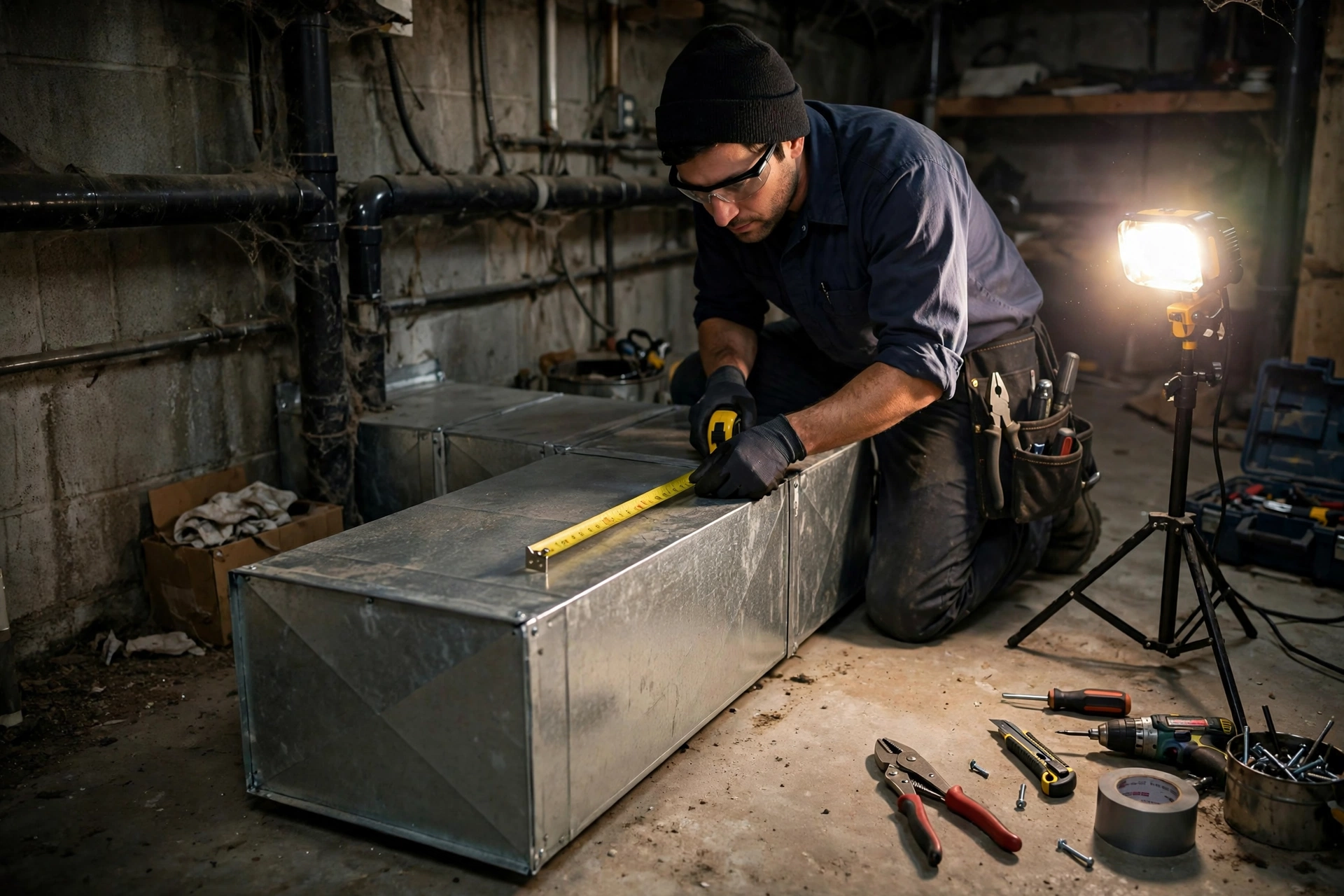 Ductwork and furnace together in a basement mechanical room
