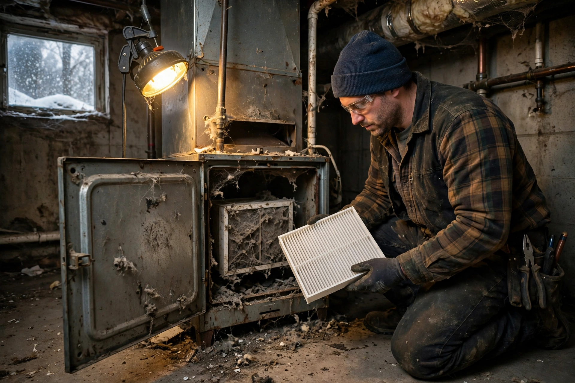 Furnace with visible ductwork running in a cold basement