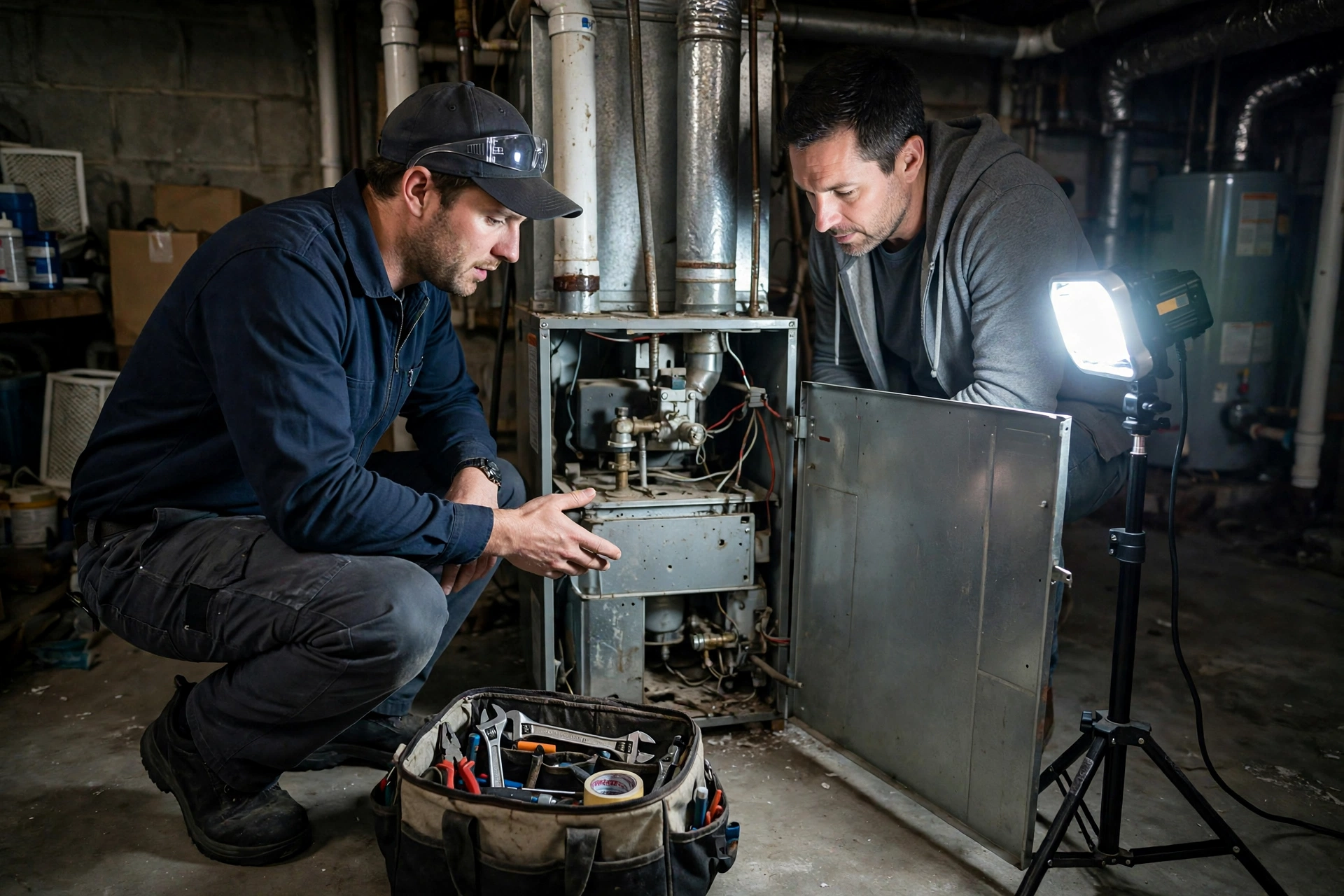 Homeowner checking a thermostat while a furnace runs in winter