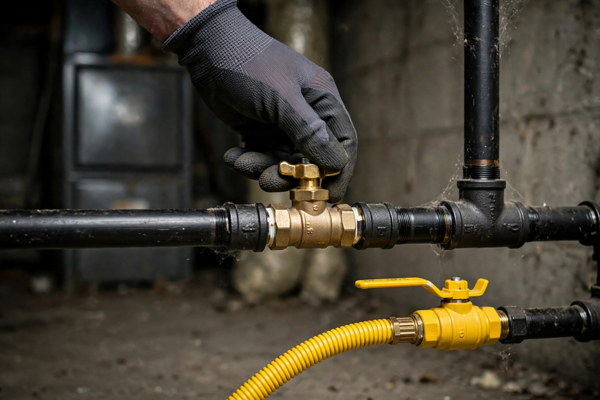 A technician checking gas burner flames through a furnace inspection window
