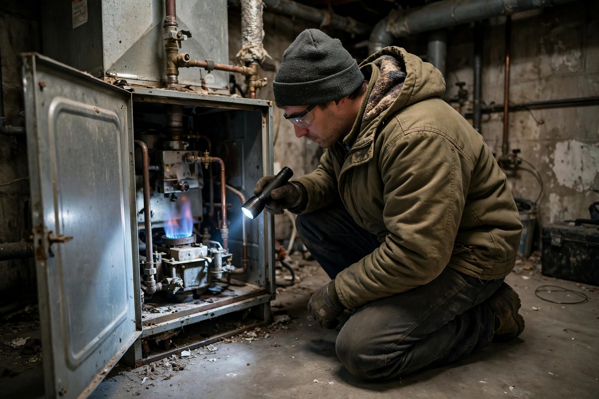 A technician testing a gas furnace with a handheld combustion analyser
