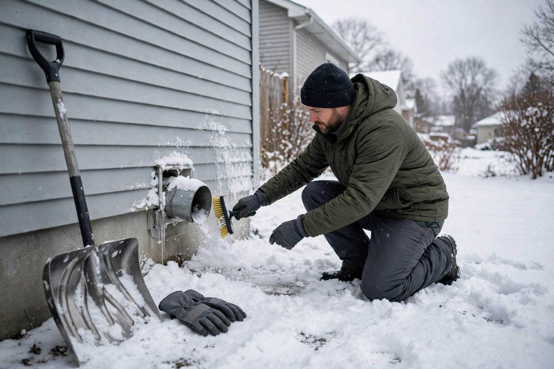 Homeowner clearing snow away from a side-wall vent with a shovel