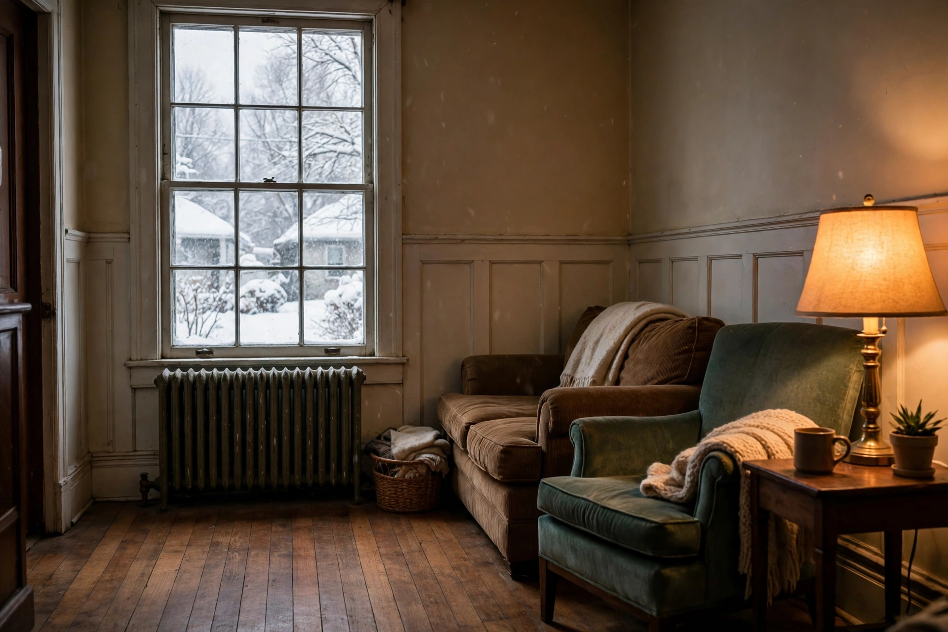 Interior of an older home with radiators replaced by a floor register and wooden floors
