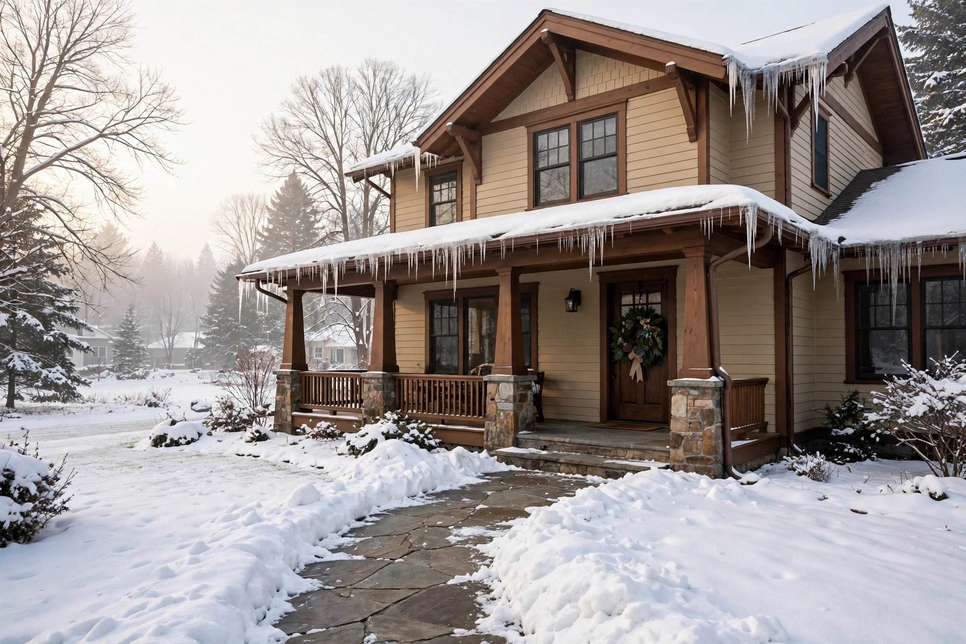A Minnesota trail-town home in winter with snow along a tree-lined street