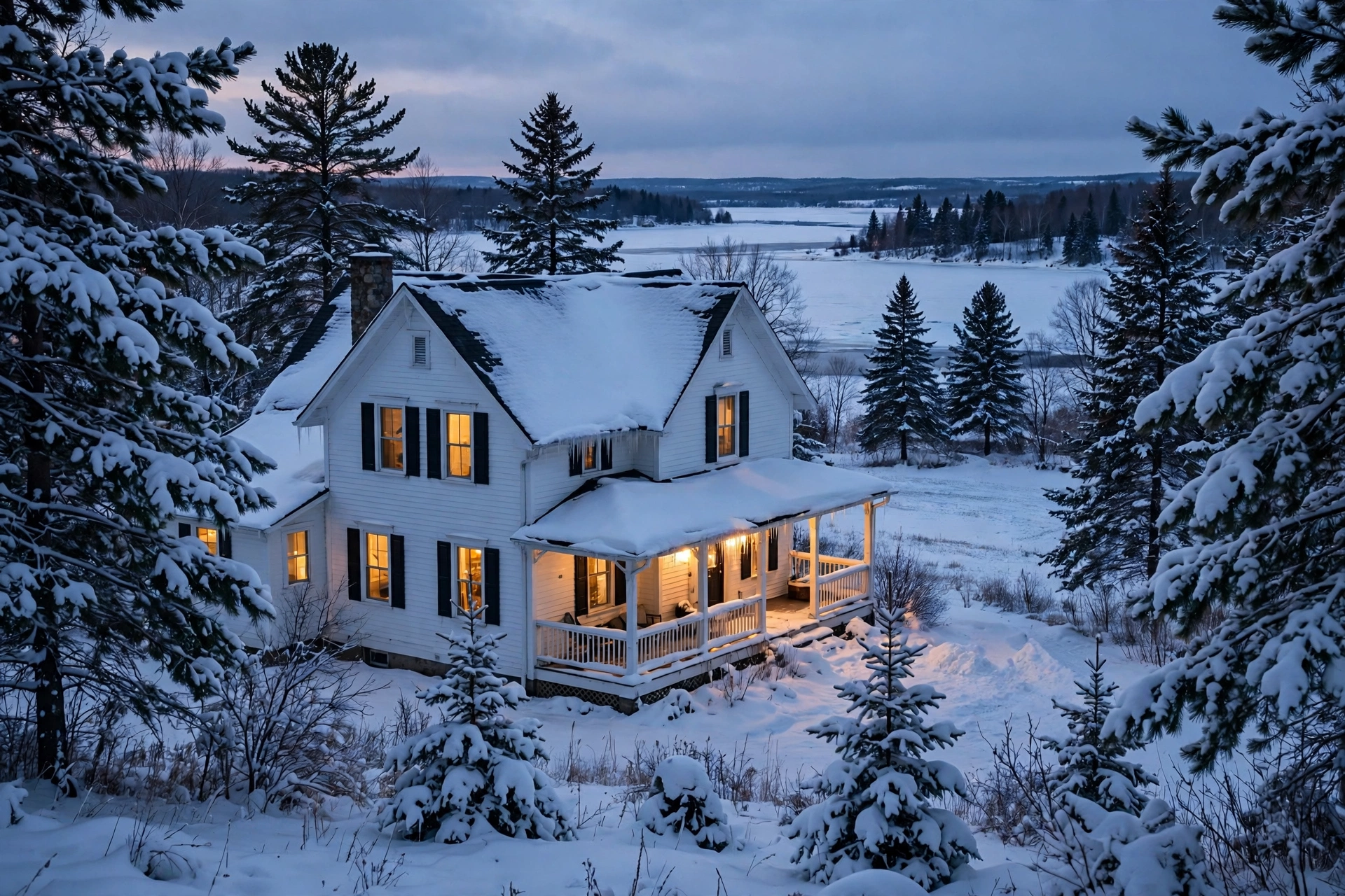 A Minnesota lake-town home in winter with snow on the roof and a lake in the background