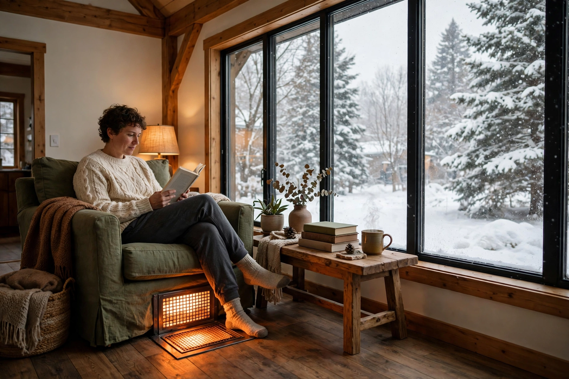 A warm living room with a fireplace glow on a cold winter evening