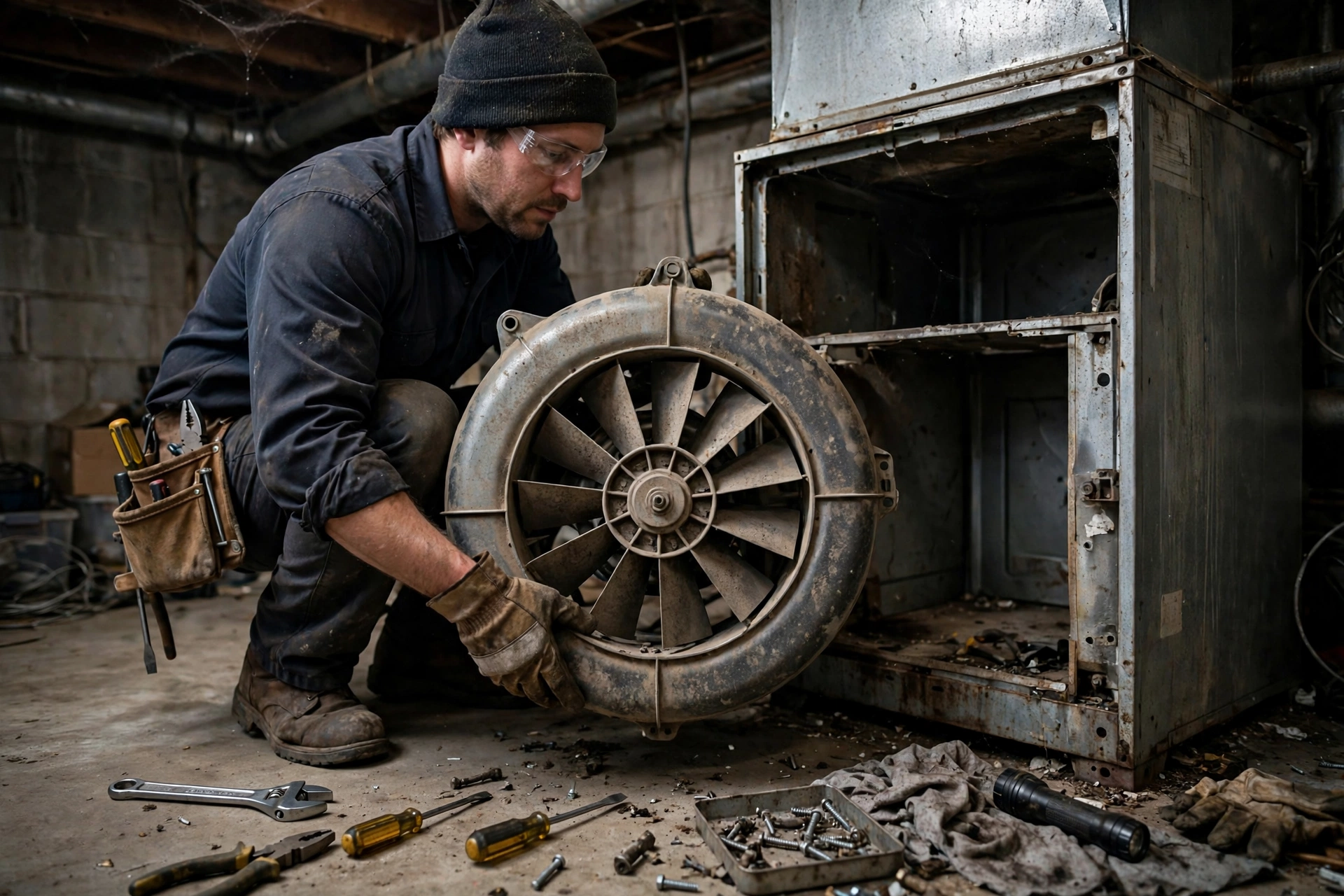 A technician inspecting a furnace blower motor and fan assembly