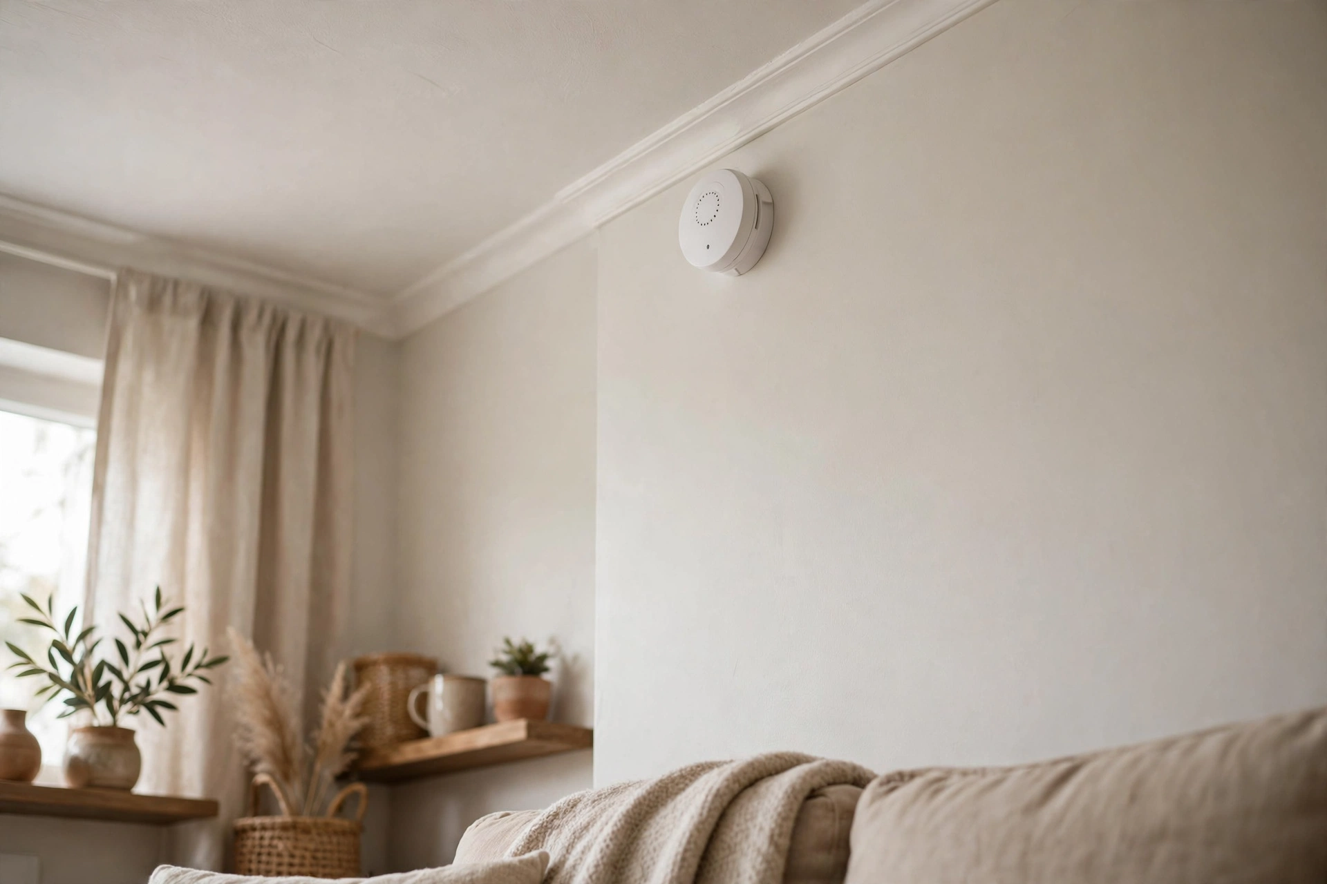 Carbon monoxide alarm mounted on a hallway wall in a home