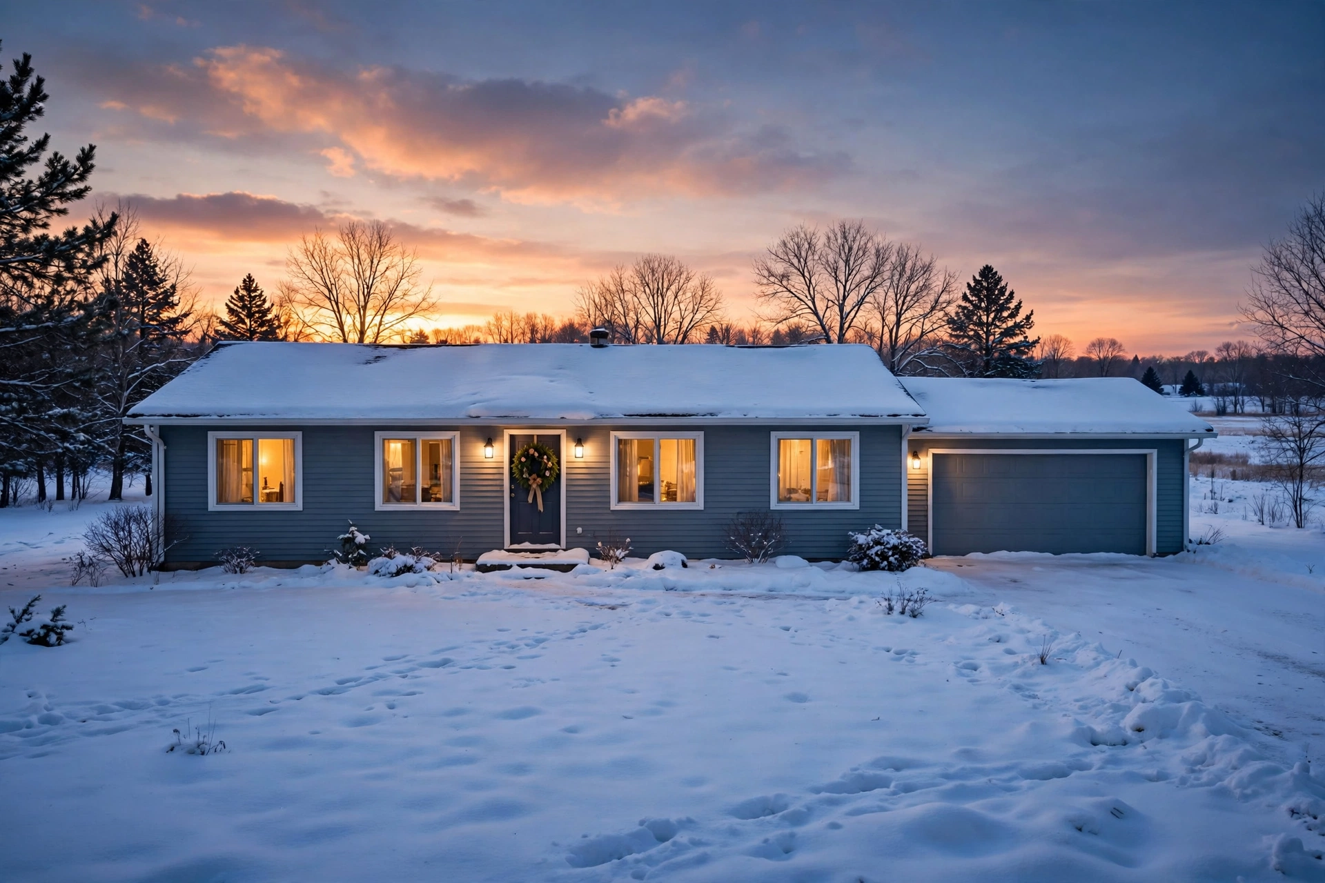 A Minnesota river-town home in winter with snow and two rivers nearby