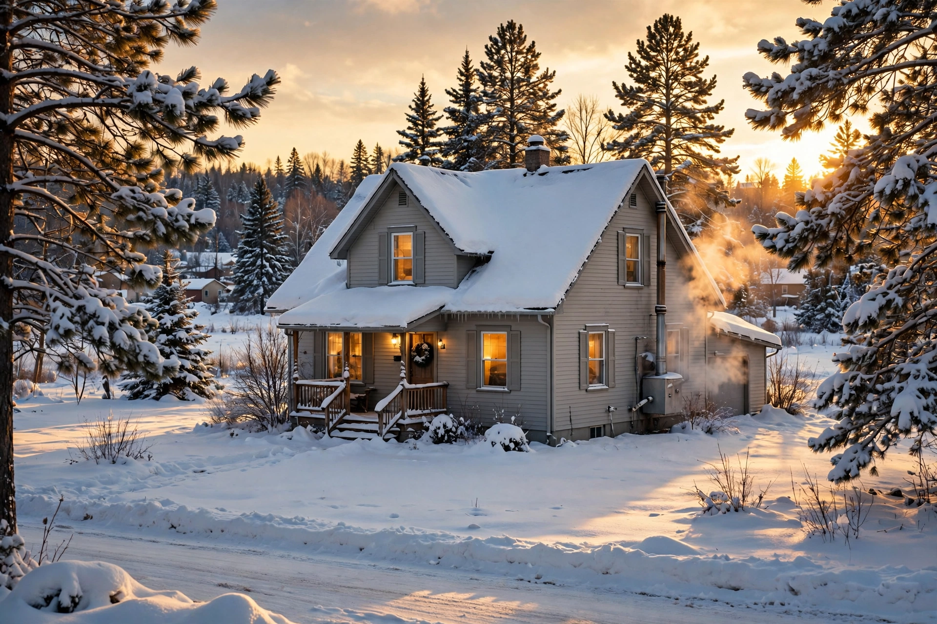 A Minnesota lakeside home in winter with snow on the shore and a frozen lake beyond