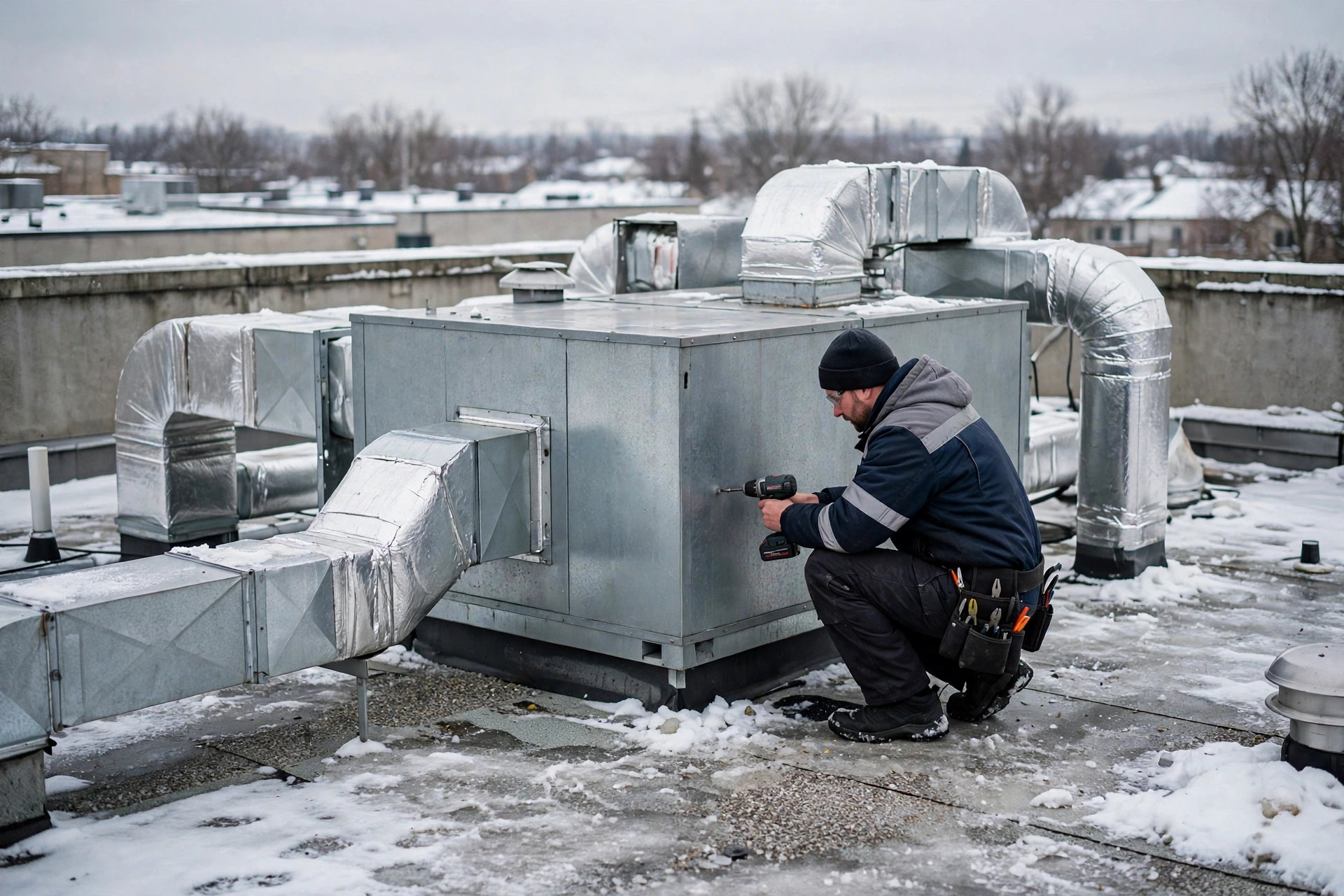 A technician servicing a large commercial furnace in a shop mechanical room